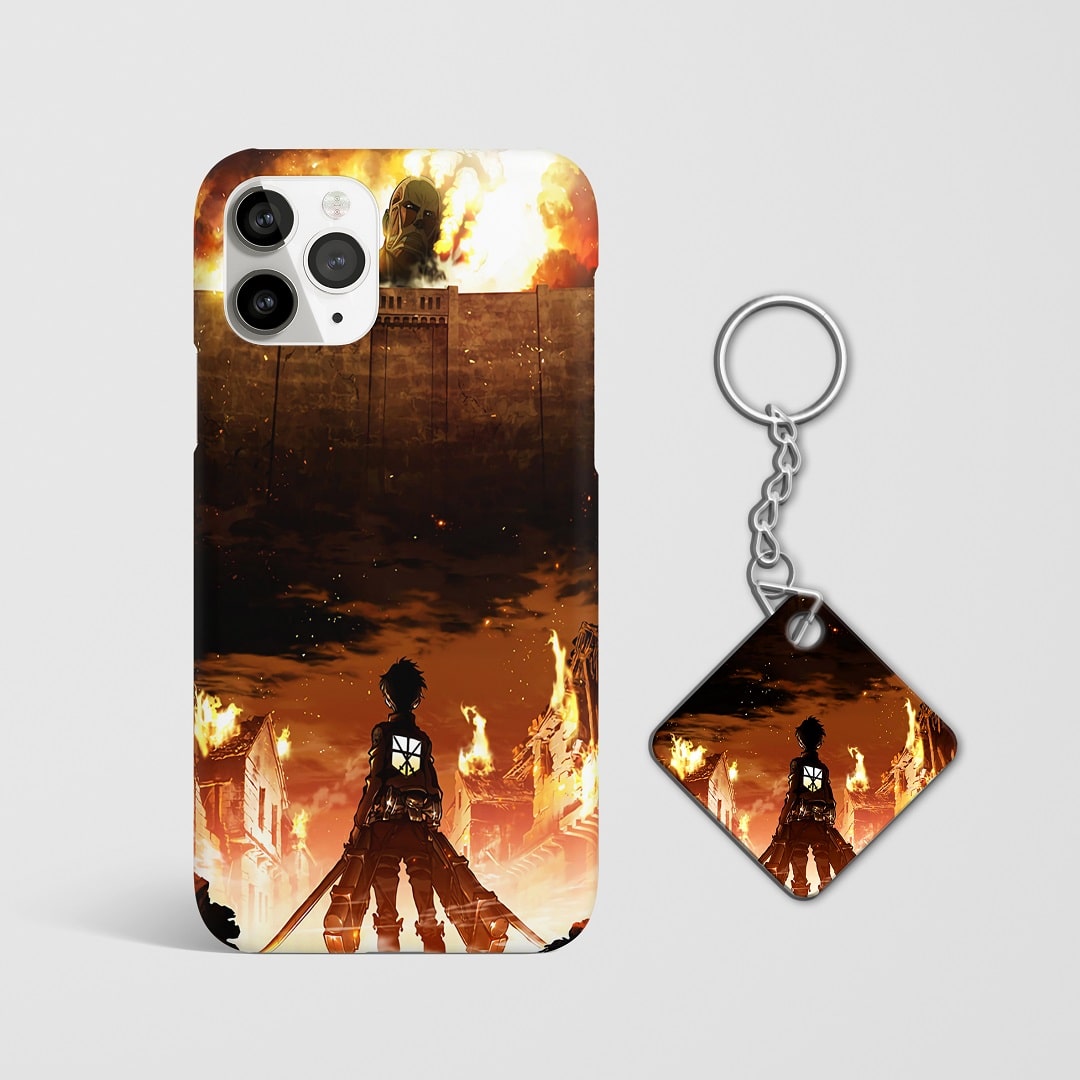 Close-up of the detailed wall design from "Attack on Titan" on phone case with Keychain.