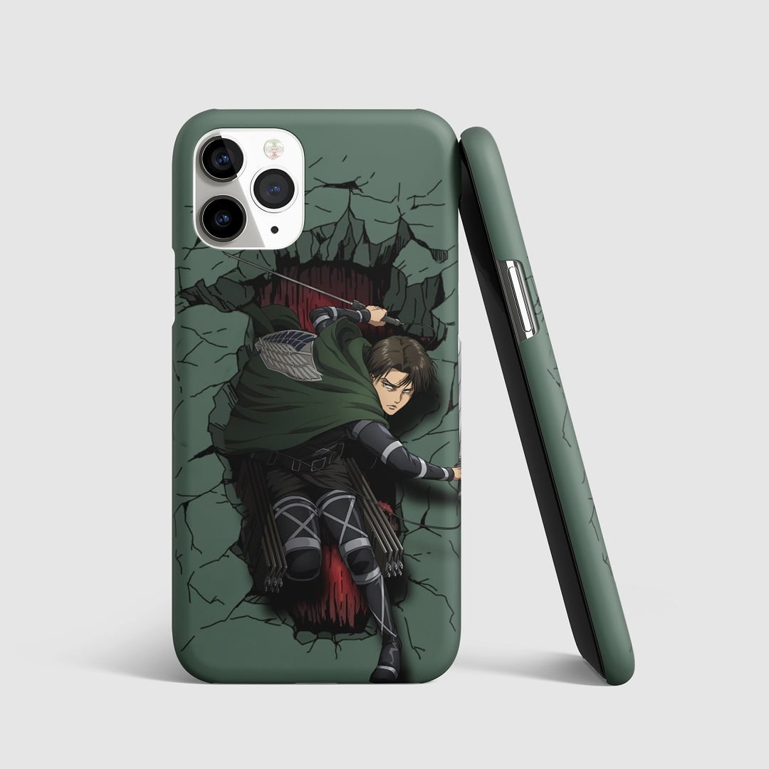 Striking artwork of Captain Levi from "Attack on Titan" on phone cover.
