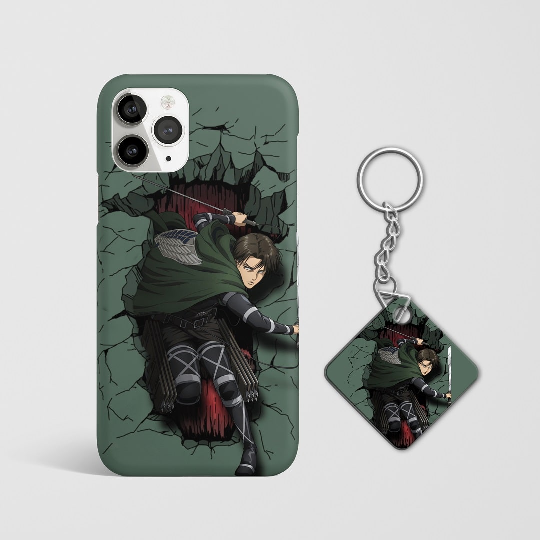 Close-up of Captain Levi’s fierce expression on phone case with Keychain.