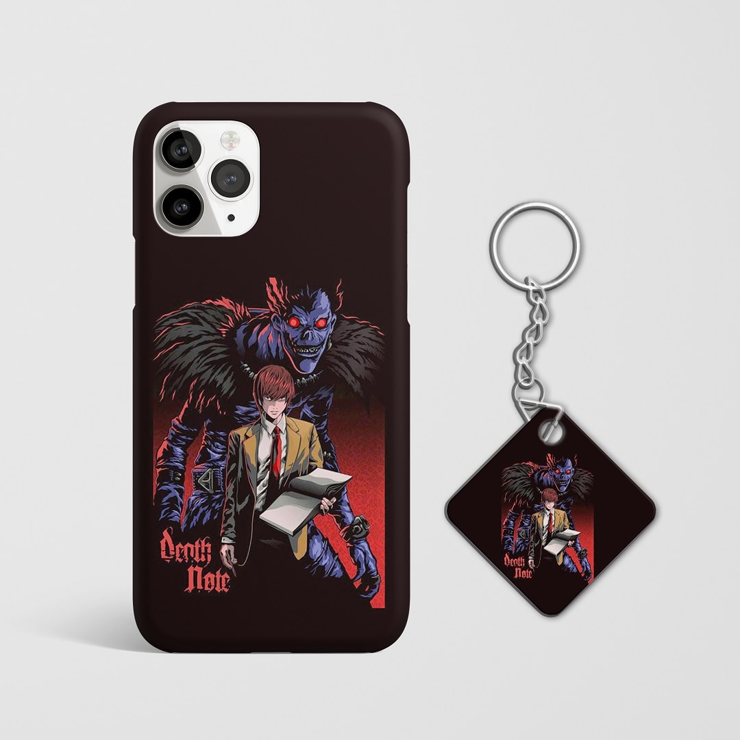 Close-up of eerie and captivating design from "Death Note" on phone case with keychain.