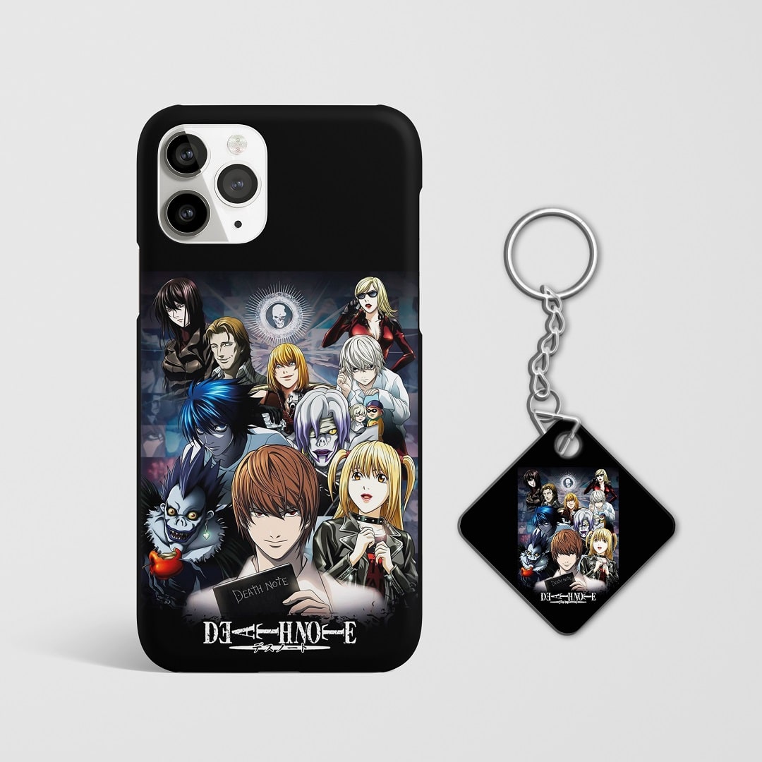 Close-up of dark and captivating design from "Death Note" on phone case with Keychain.