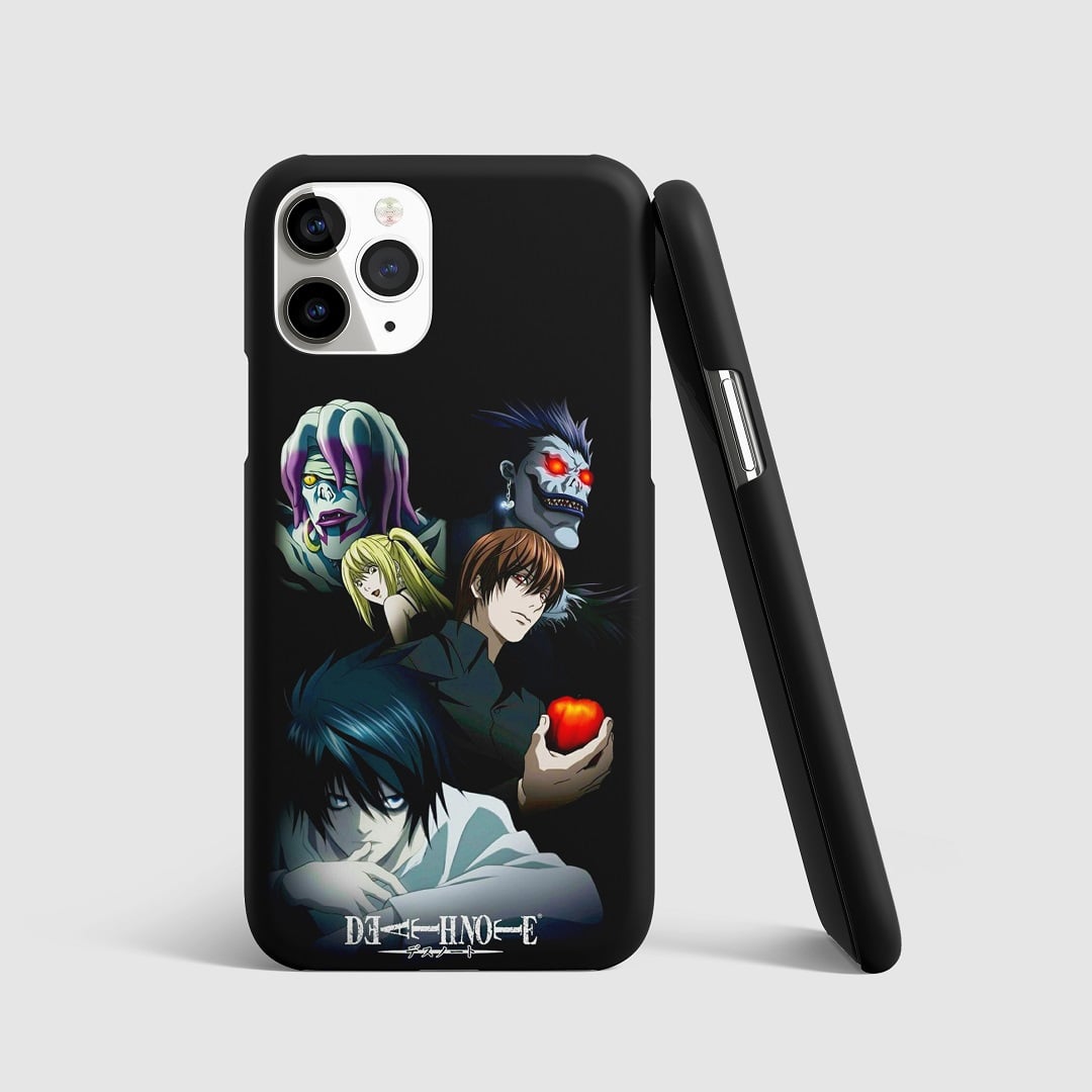 Striking artwork of main characters from "Death Note" on phone cover.
