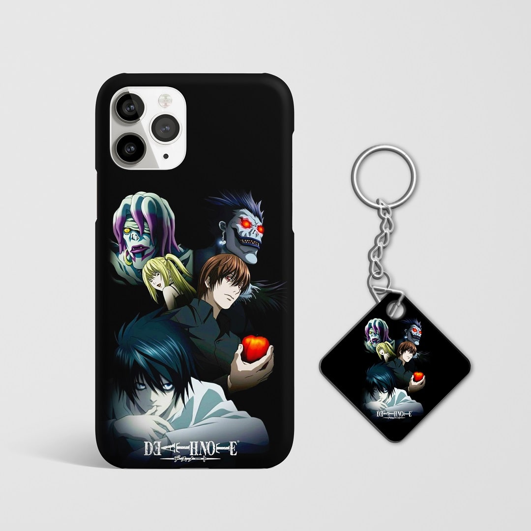 Close-up of the intense expressions of "Death Note" characters on phone case with Keychain.