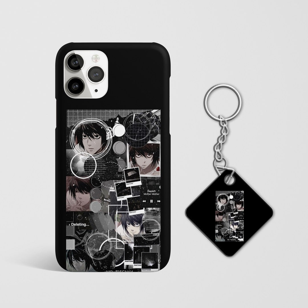 Close-up of various "Death Note" characters in collage style on phone case with Keychain.