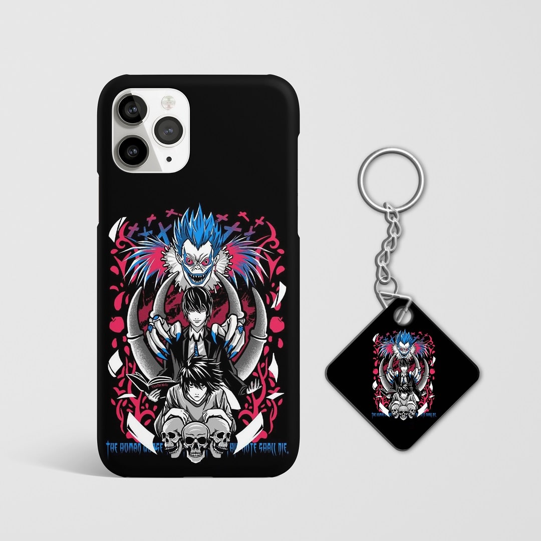 Close-up of intense "Death Note" graphic design on phone case with Keychain.