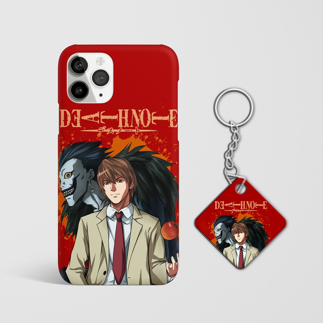 Close-up of Light and Ryuk’s intense expressions on phone case with Keychain.