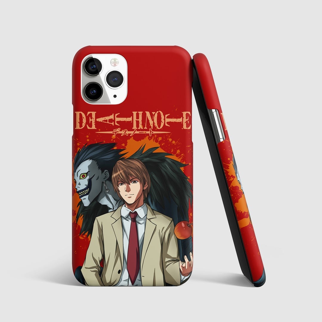 Striking artwork of Light Yagami and Ryuk from "Death Note" on phone cover.