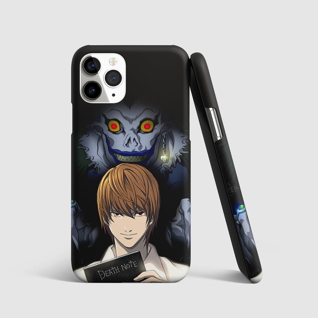 Striking artwork of Light Yagami and the Shinigami from "Death Note" on phone cover.
