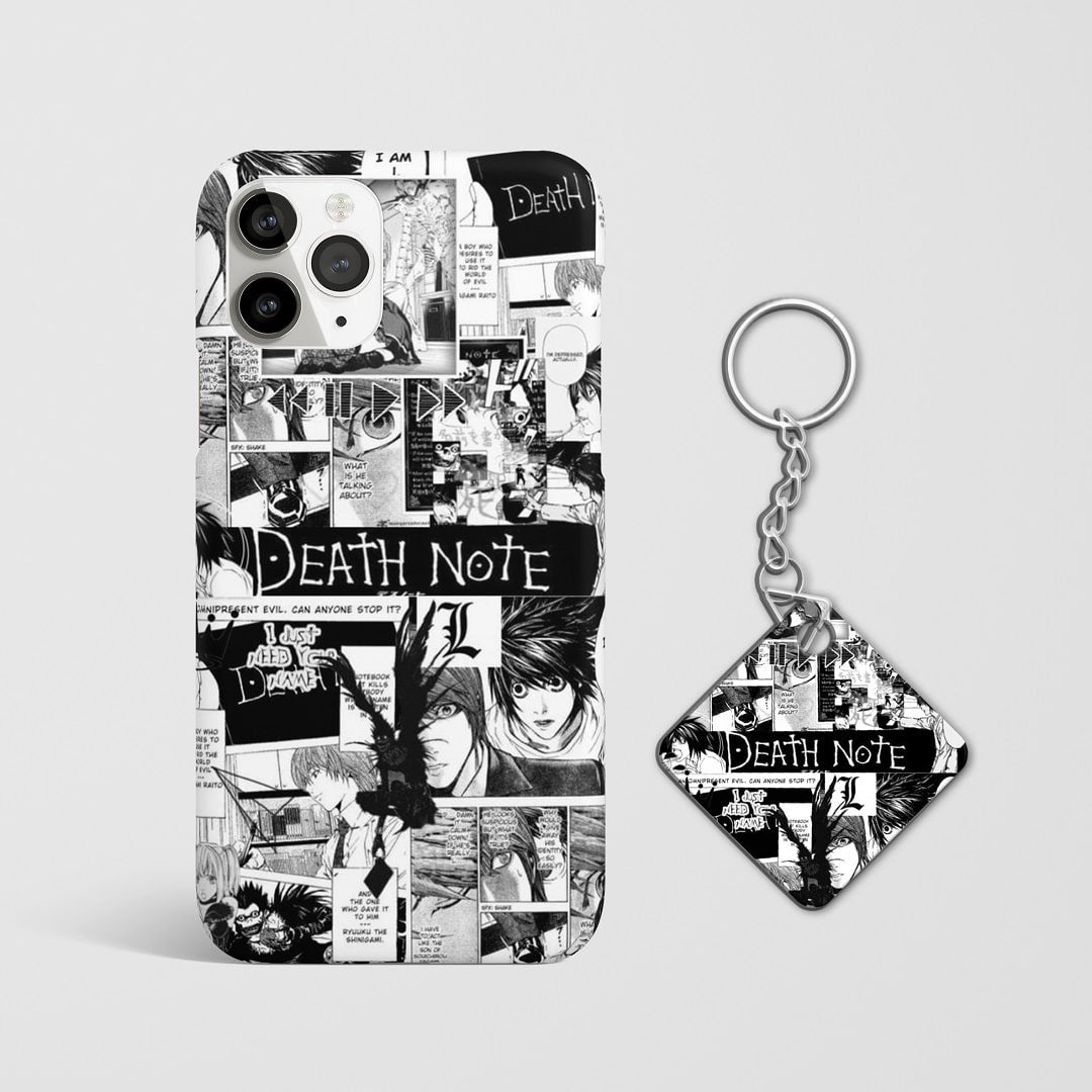 Close-up of Light Yagami and the Shinigami in manga style on phone case with Keychain.