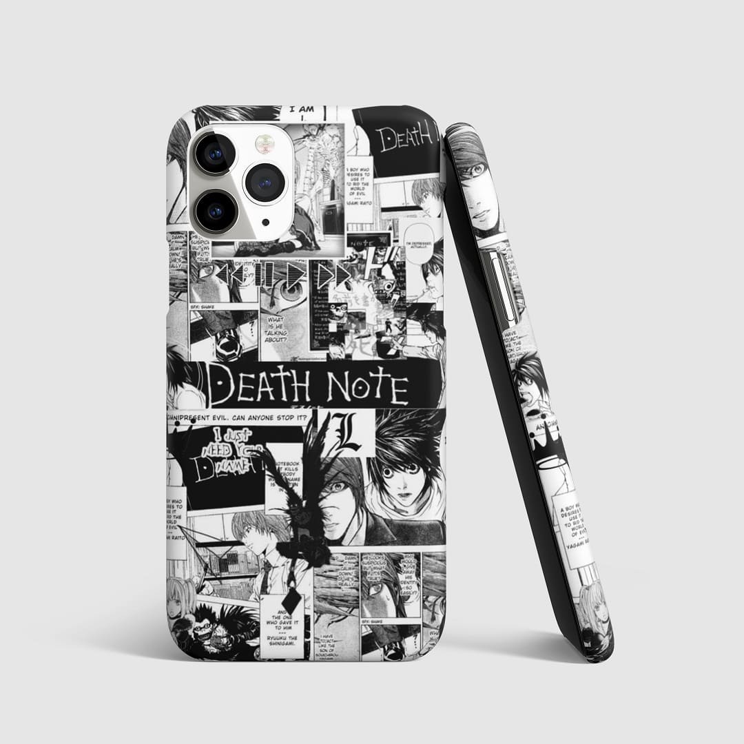 Iconic manga-style artwork from "Death Note" on phone cover.