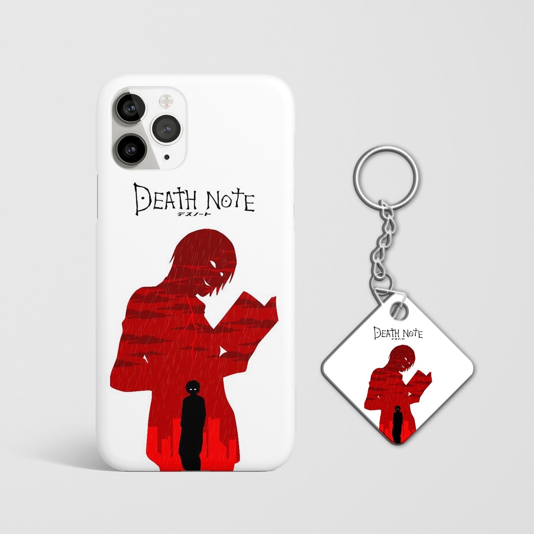 Close-up of minimalist "Death Note" design on phone case with Keychain.