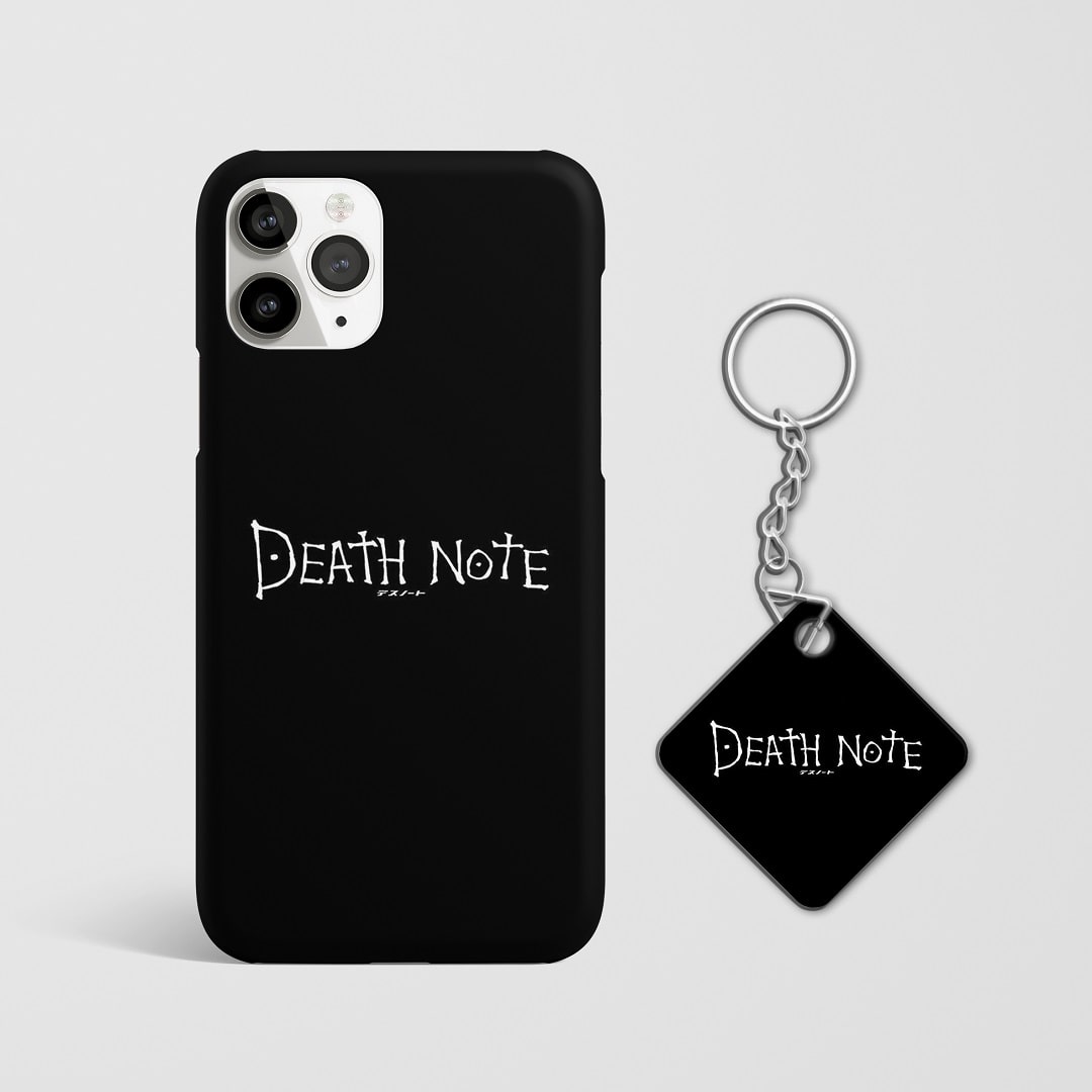 Close-up of intense "Death Note" design on phone case with Keychain.
