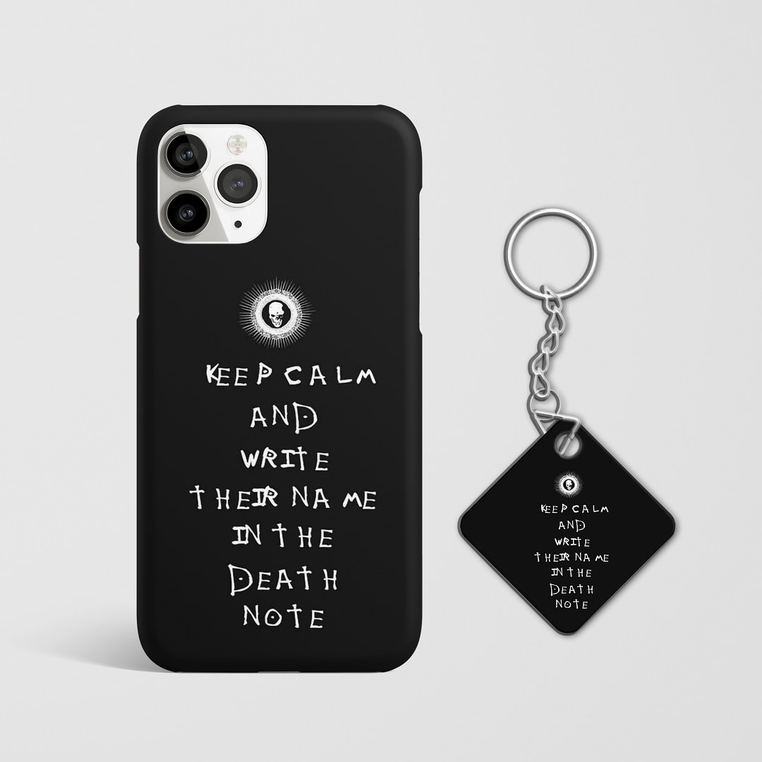 Close-up of the iconic "Death Note" quote on phone case with Keychain.