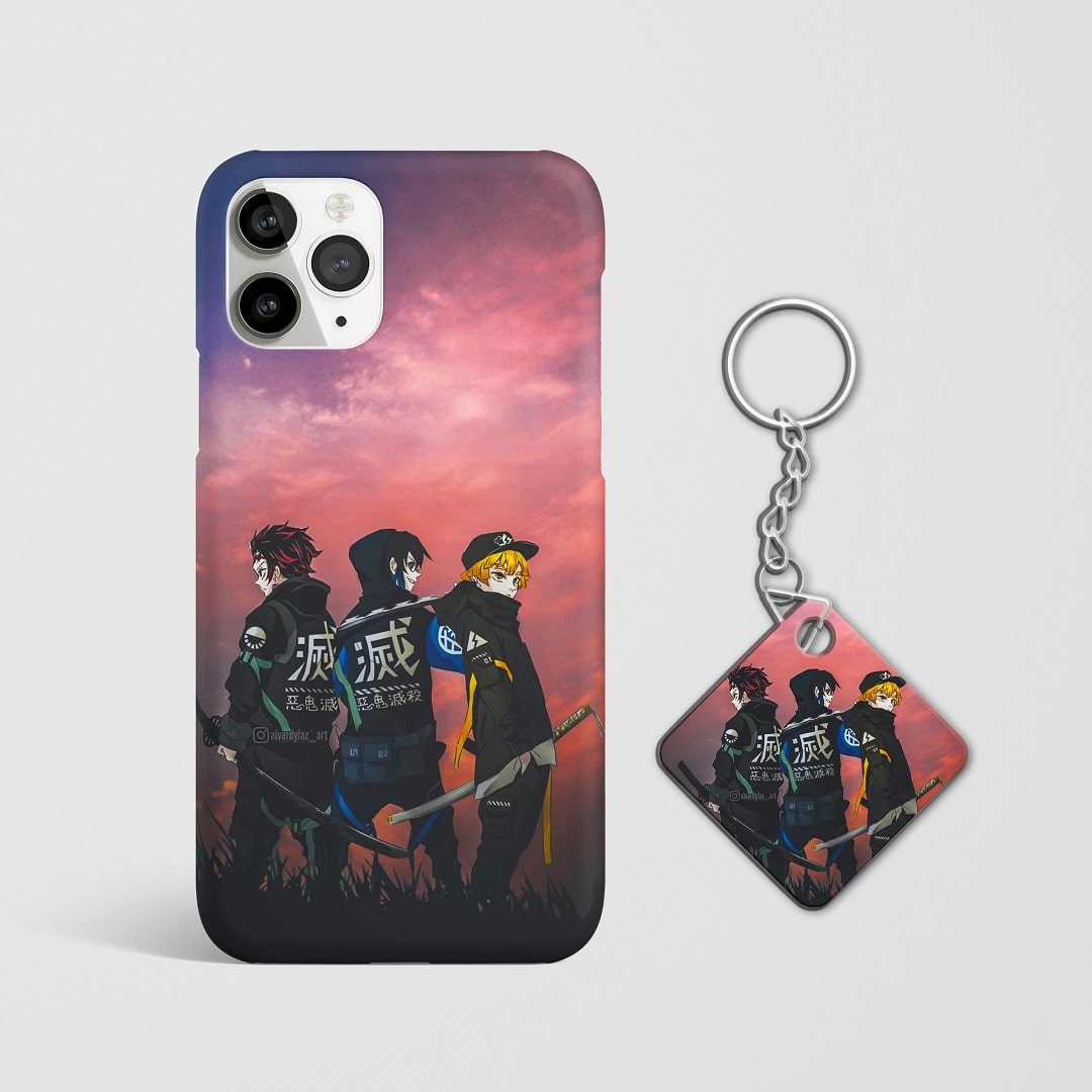 Close-up of Demon Slayer characters in aesthetic design on phone case with Keychain.