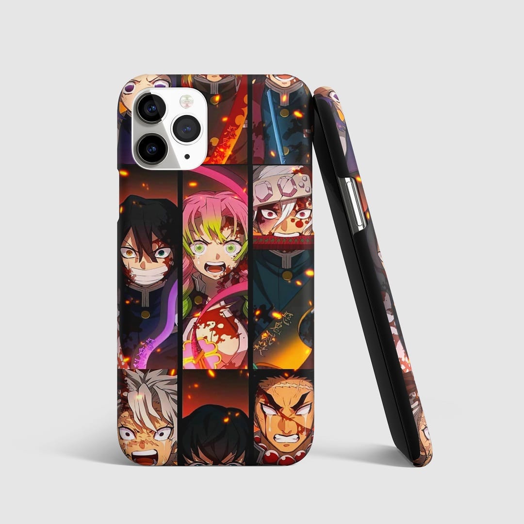Vibrant collage of Demon Slayer characters on phone cover.