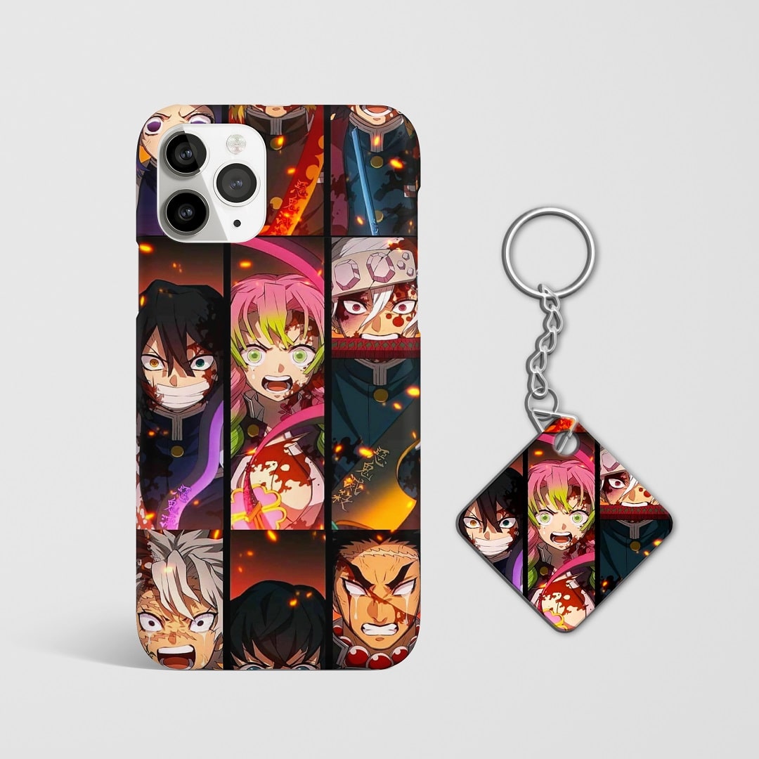 Close-up of Demon Slayer characters in dynamic collage design on phone case with Keychain.