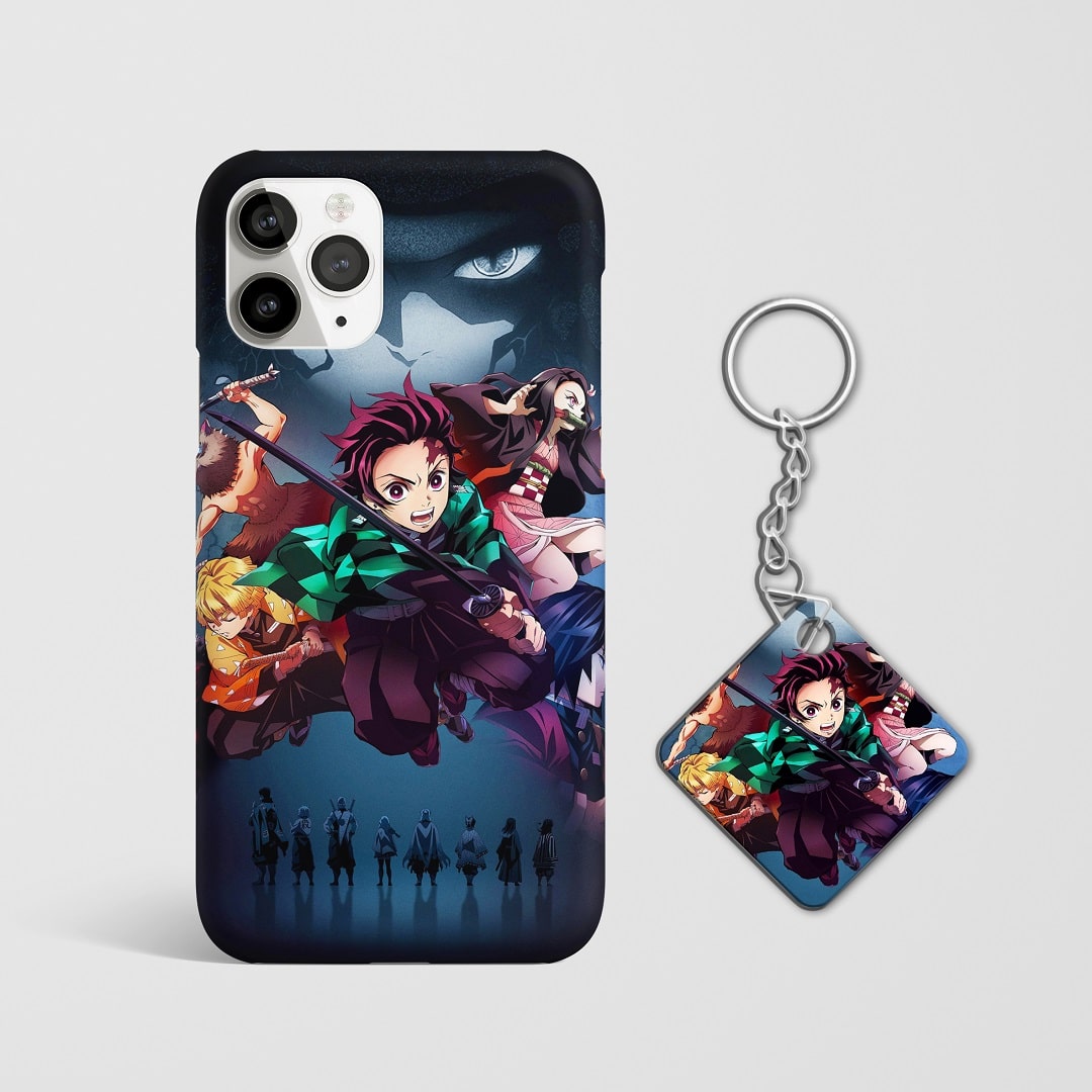 Close-up of Demon Slayer team in action on phone case with Keychain.