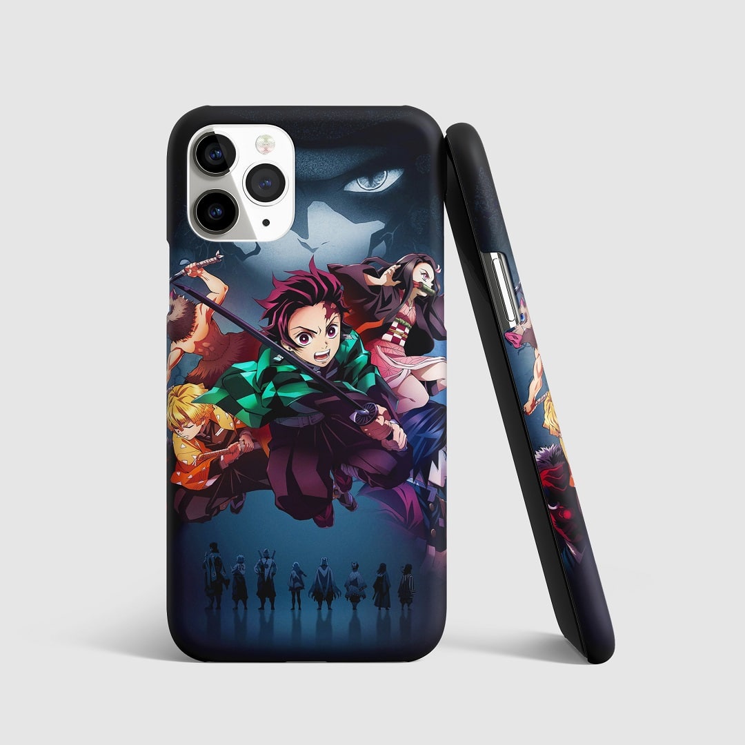 Dynamic artwork of Demon Slayer characters in action on phone cover.