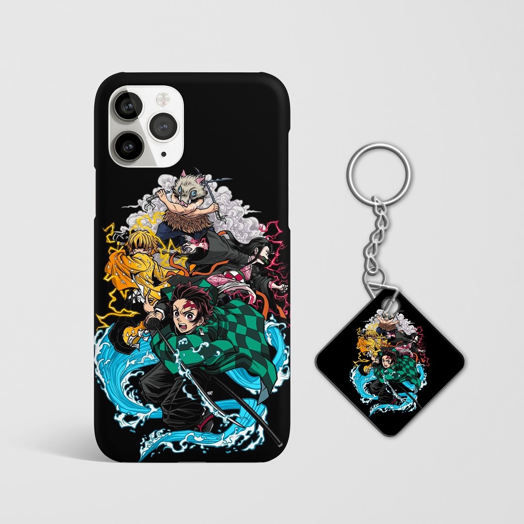 Close-up of Demon Slayer characters in dynamic design on phone case with Keychain.