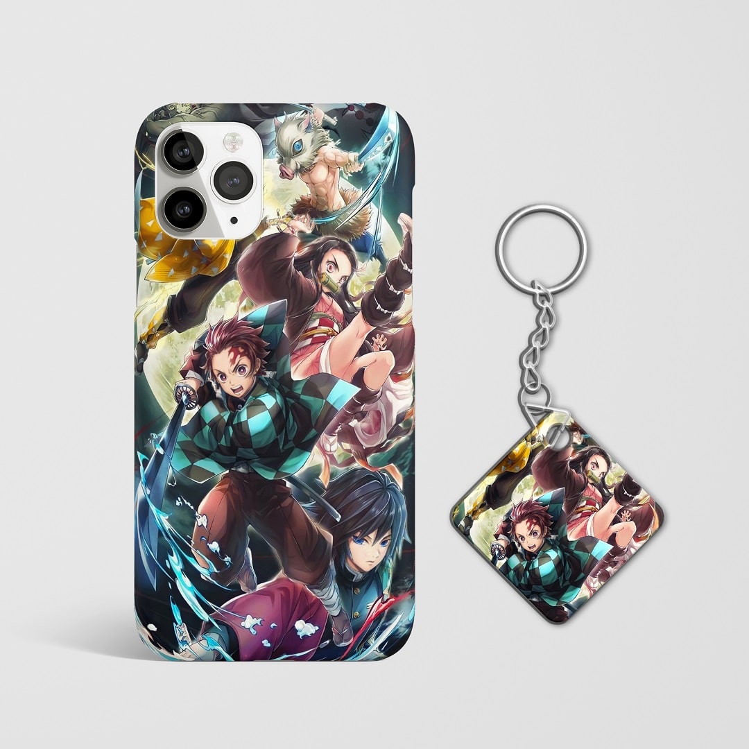 Close-up of Demon Slayer characters in vibrant group design on phone case with Keychain.