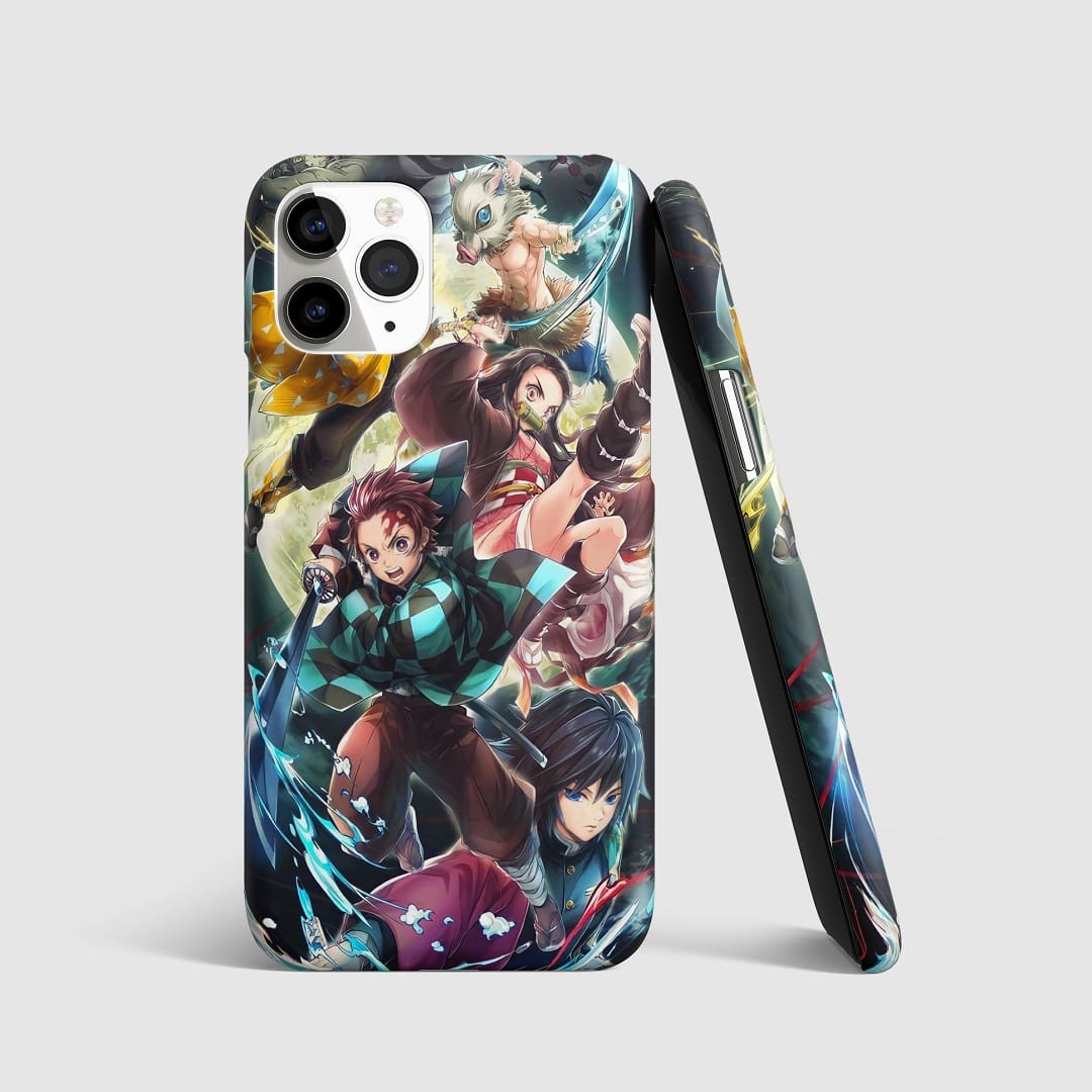 Dynamic group pose of Demon Slayer Squad on phone cover.