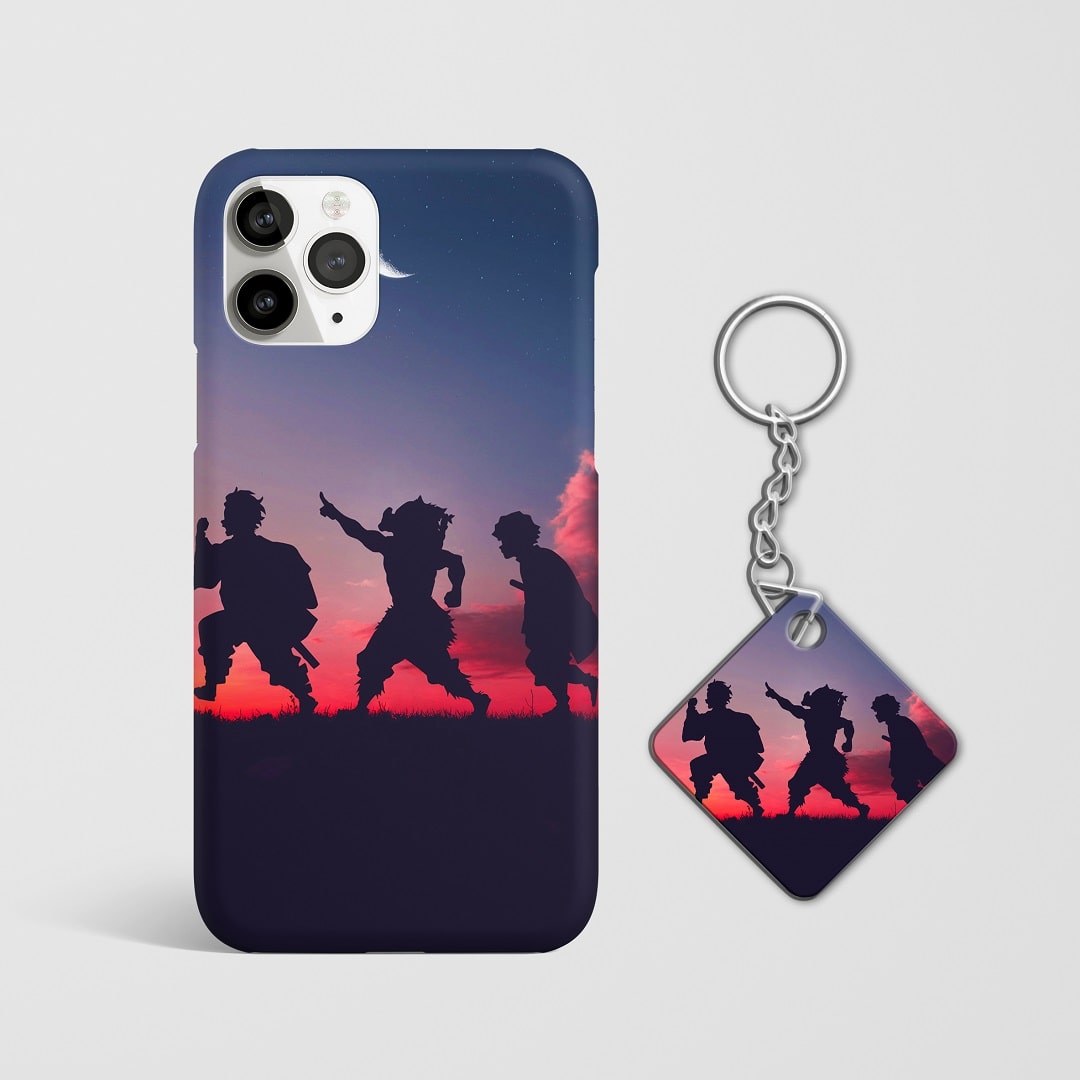 Close-up of the Demon Slayer Trio in aesthetic design on phone case with Keychain.
