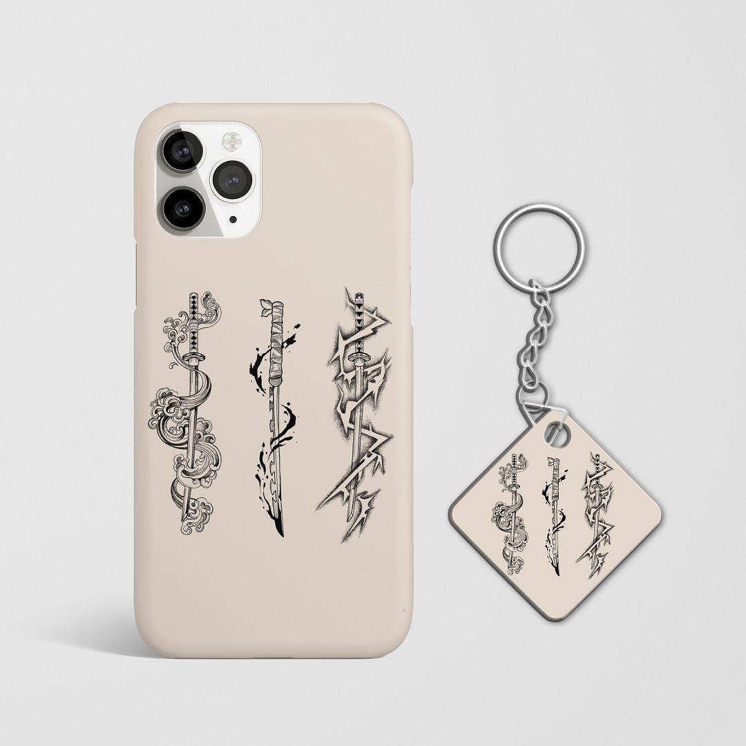 Close-up of the Demon Slayer Trio wielding swords on phone case with Keychain.