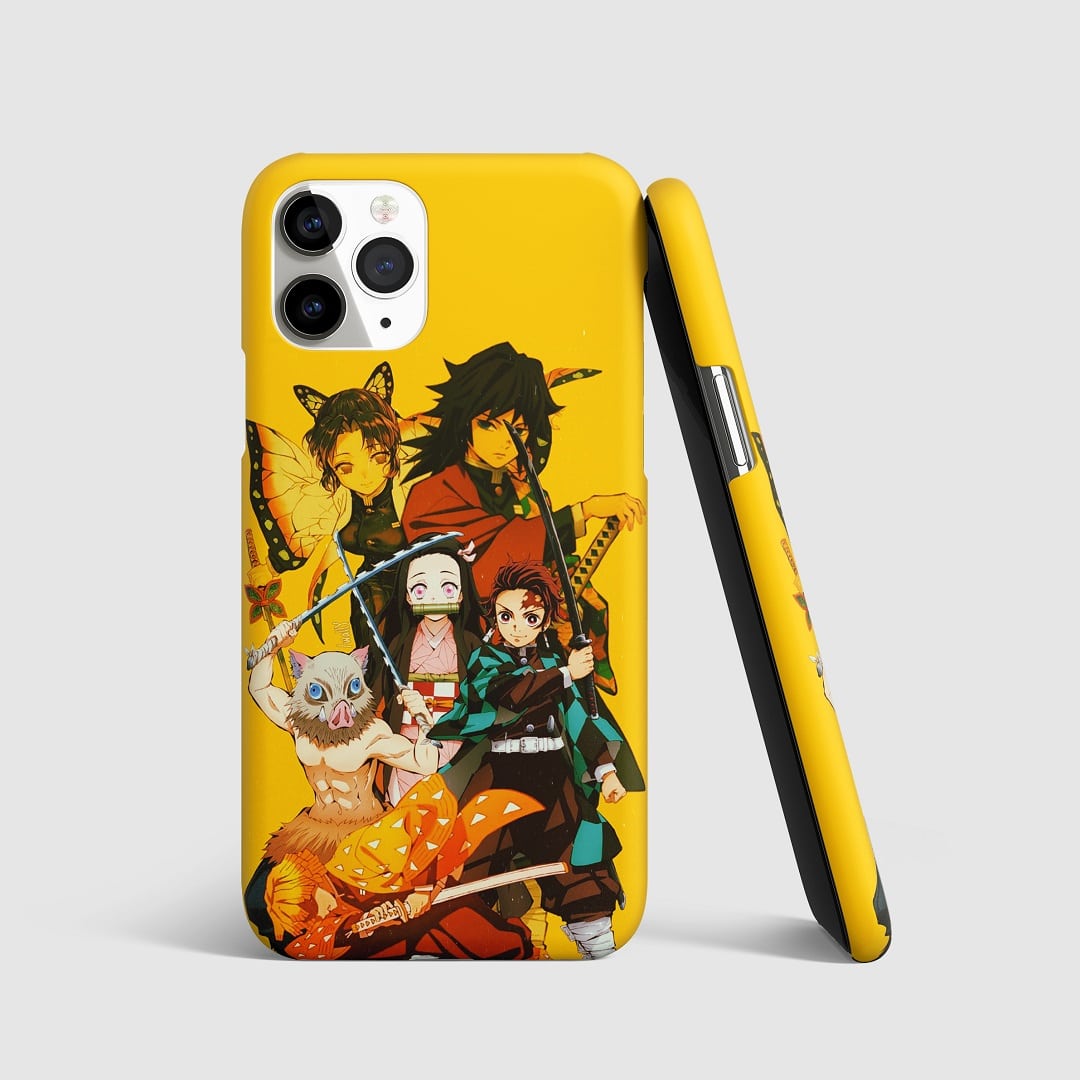 Dynamic design of Tanjiro, Nezuko, and Zenitsu against a yellow background on phone cover.
