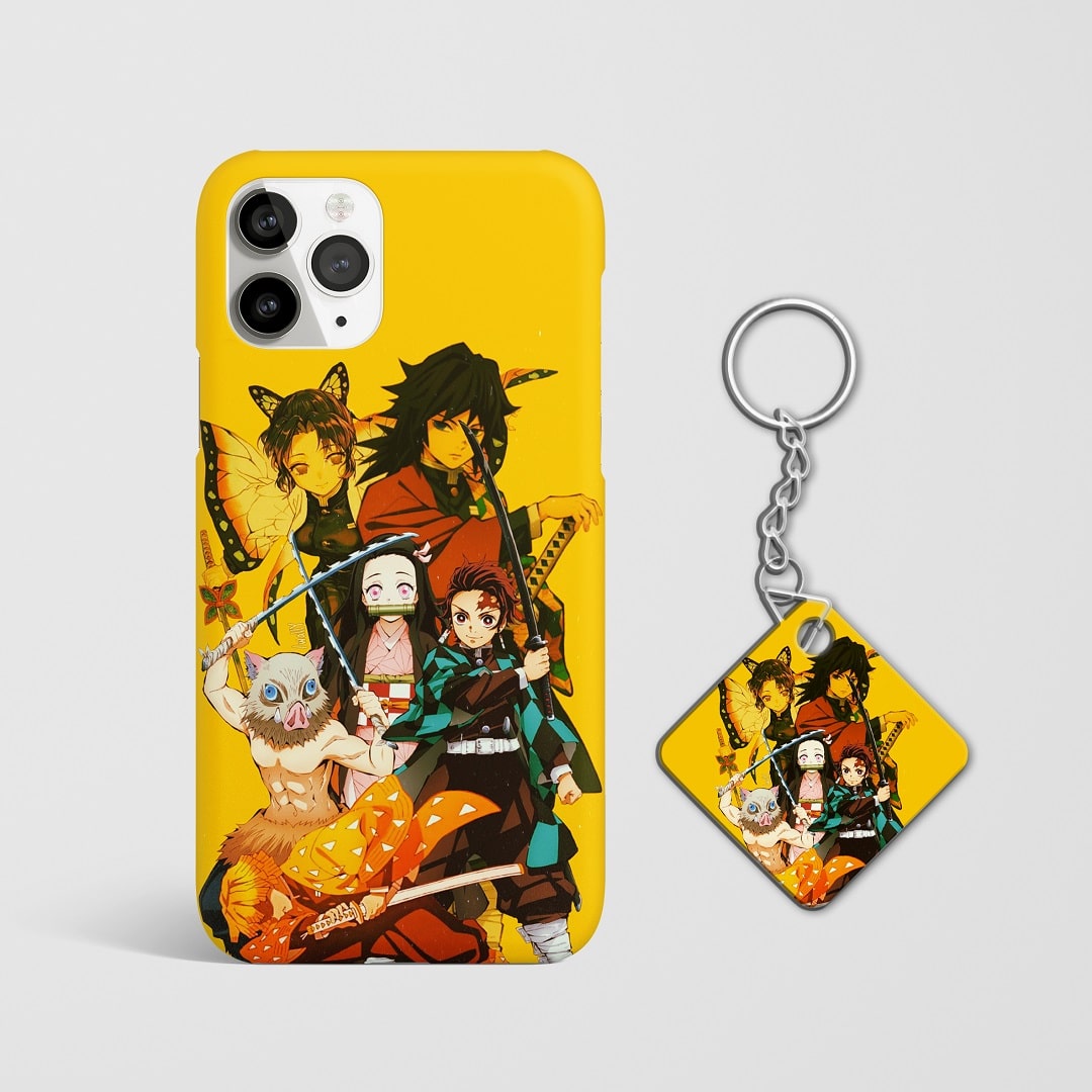 Close-up of the Demon Slayer Yellow Squad in action on phone case with Keychain.