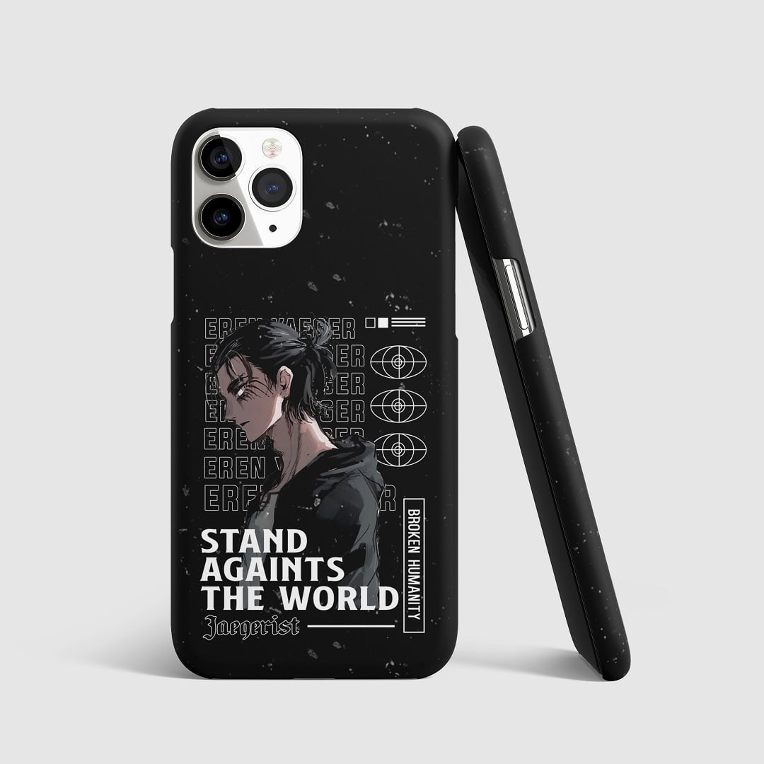 Haunting artwork of Eren Yeager from "Attack on Titan" on phone cover.