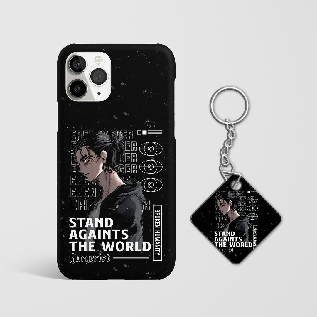 Close-up of Eren’s intense and troubled expression on phone case with Keychain.
