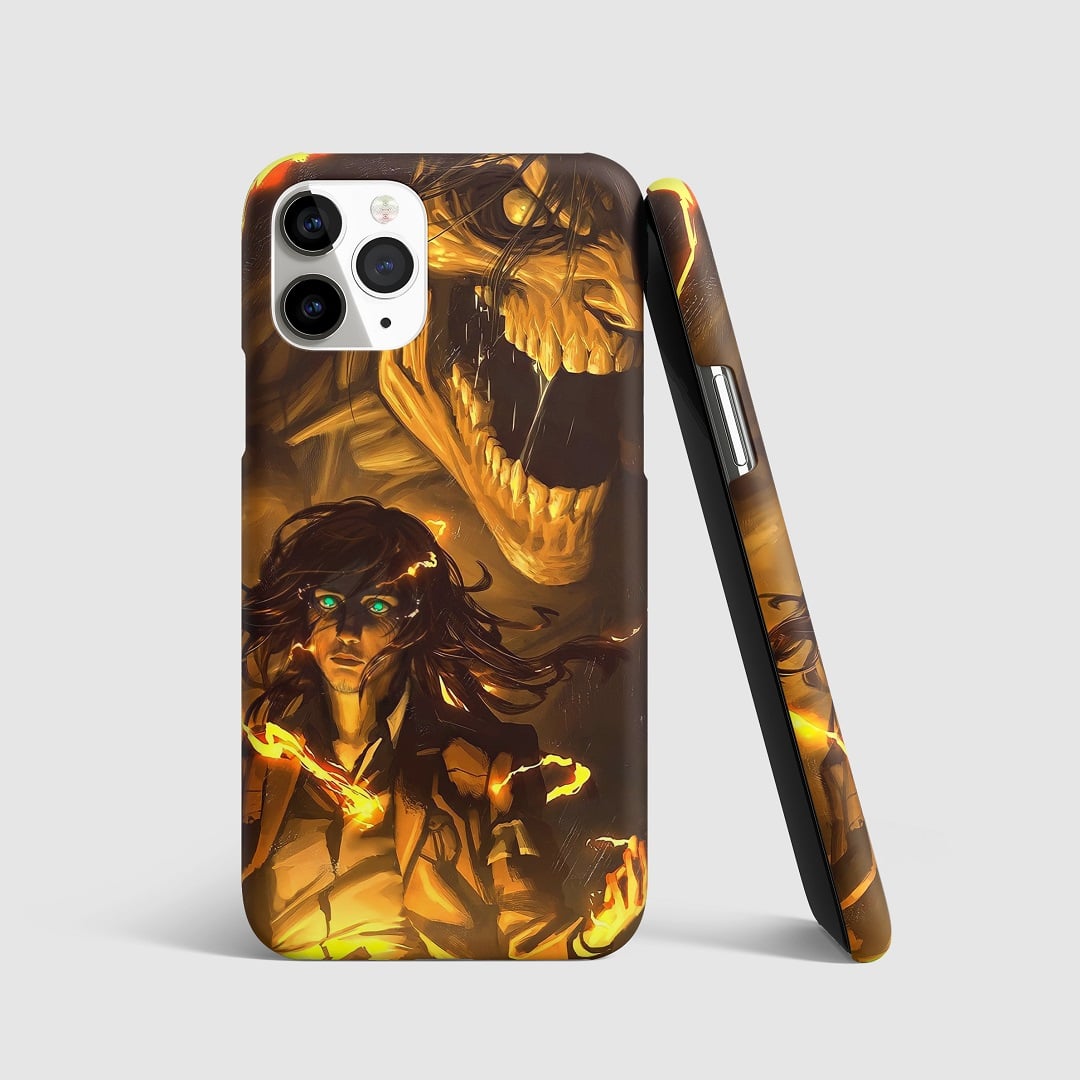 Striking artwork of Eren Yeager in his Titan form from "Attack on Titan" on phone cover.