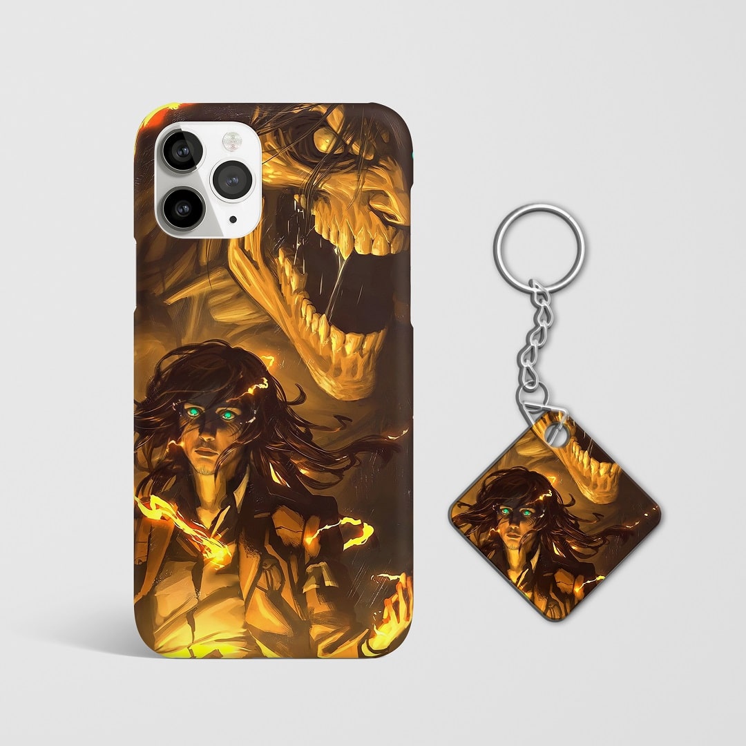 Close-up of Eren’s intense and determined expression in Titan form on phone case with Keychain.