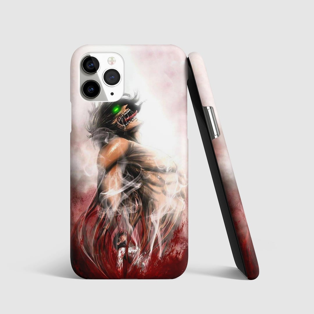 Striking artwork of Eren Yeager in his Titan form from "Attack on Titan" on phone cover.