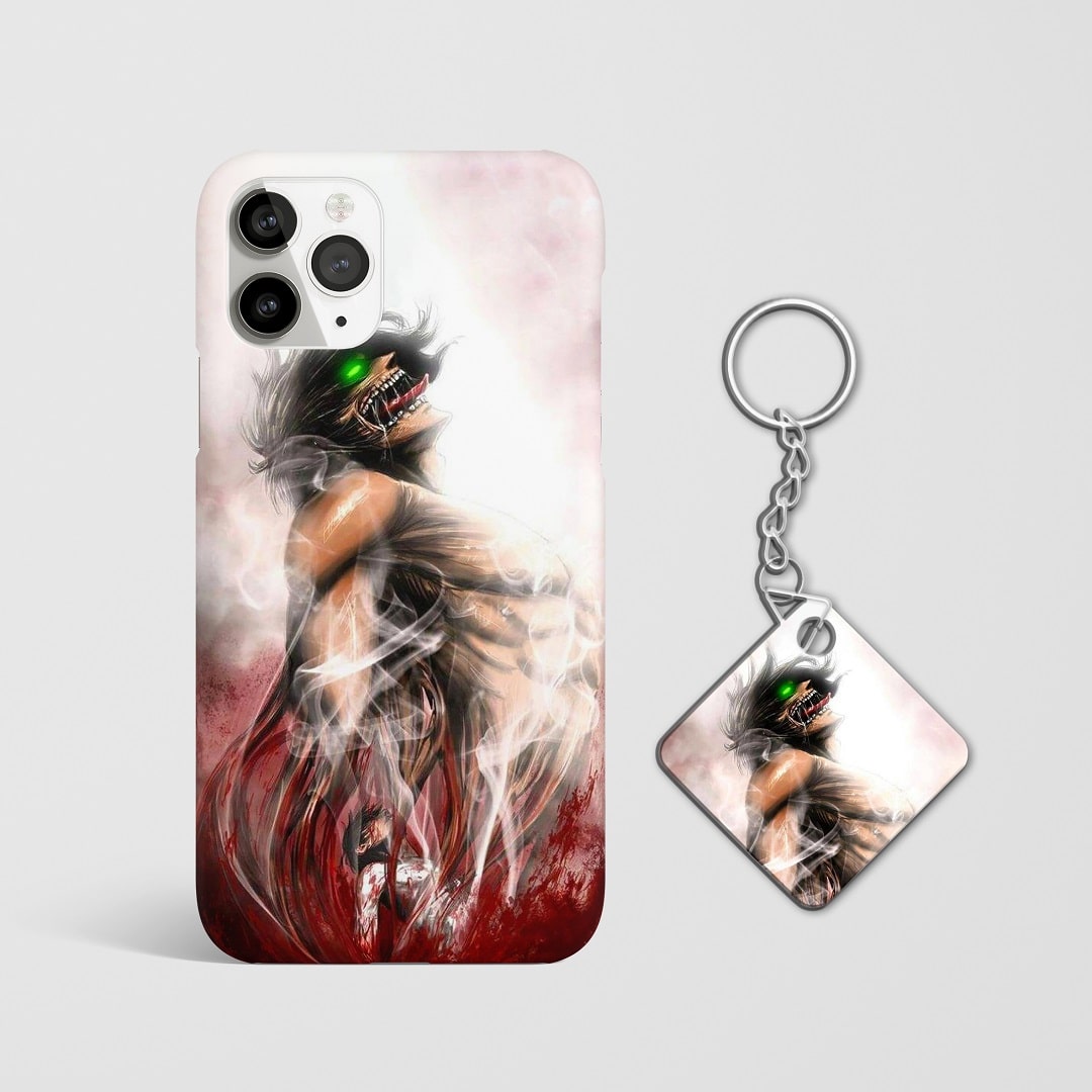 Close-up of Eren’s intense and fierce expression in Titan form on phone case with Keychain.