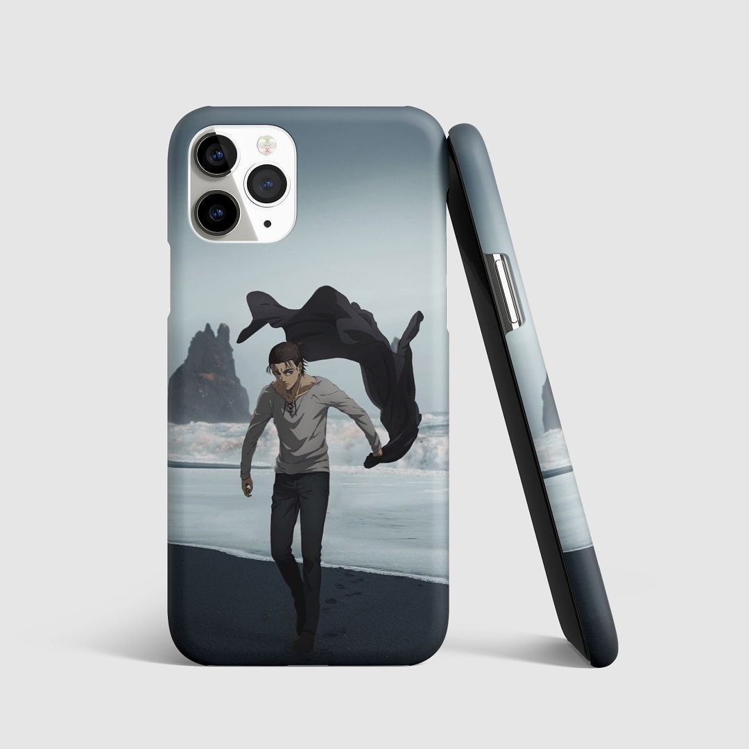 Unique artwork of Eren Yeager by the beach from "Attack on Titan" on phone cover.