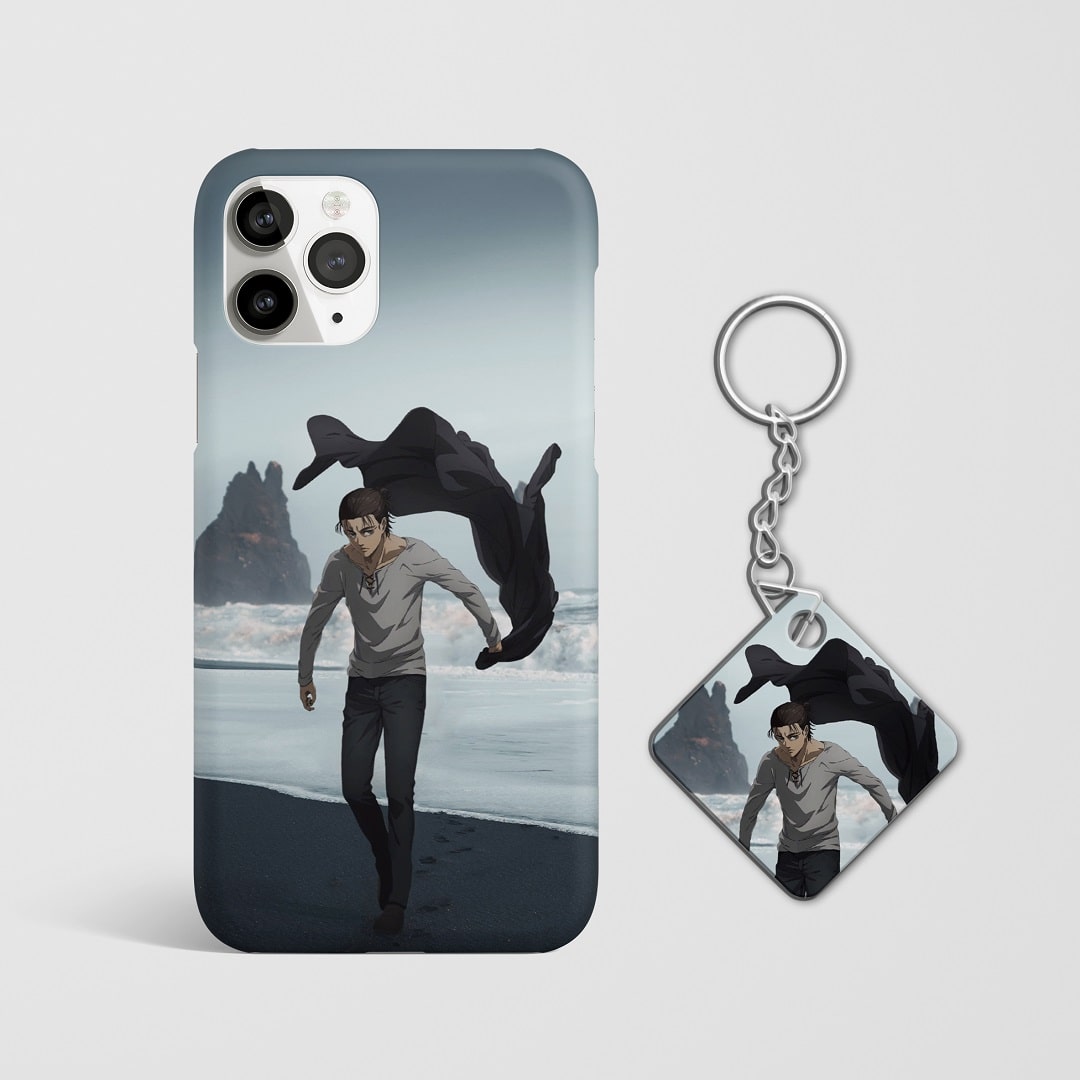 Close-up of Eren’s tranquil expression on the beach on phone case with Keychain.