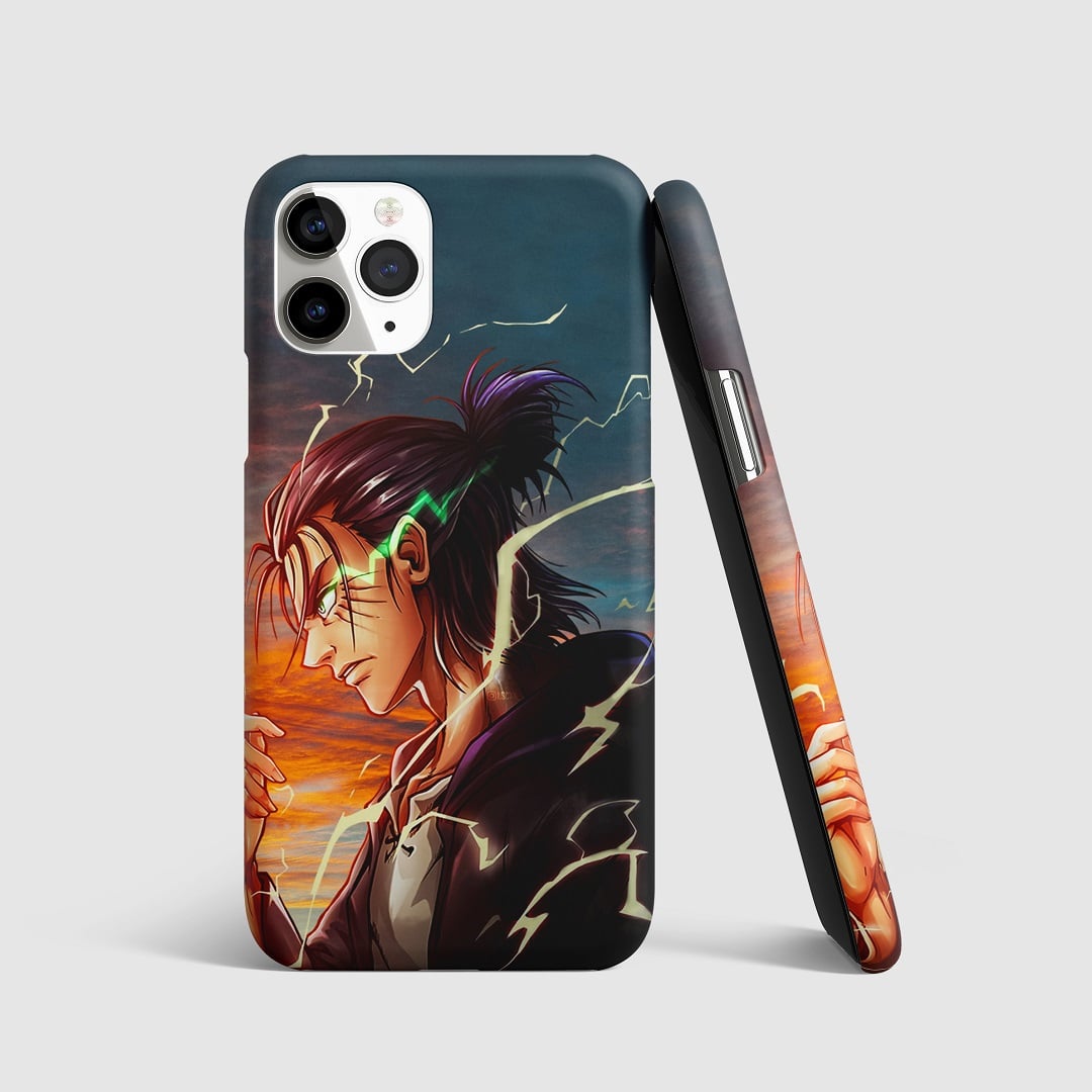 Striking artwork of Eren Yeager amidst lightning from "Attack on Titan" on phone cover.