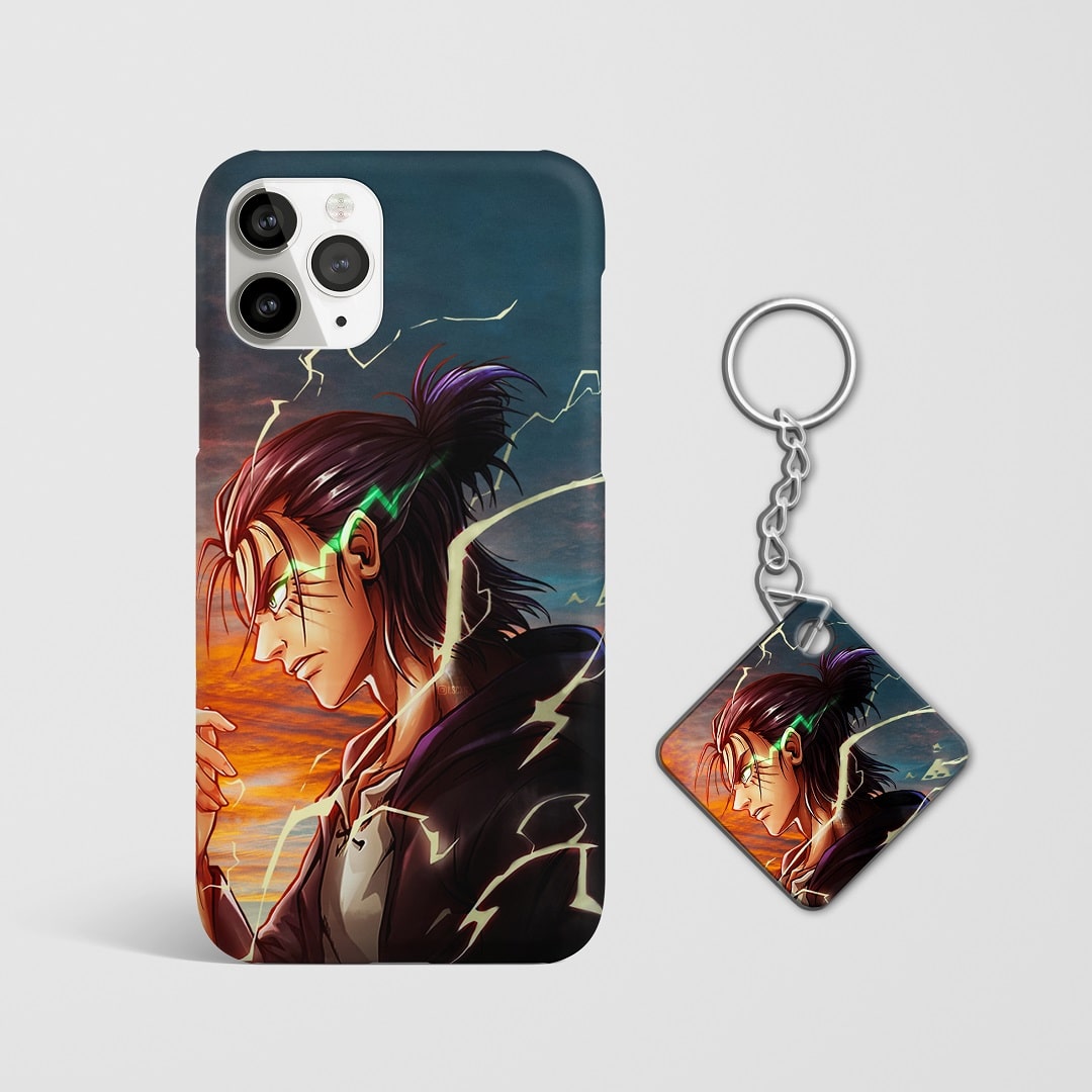 Close-up of Eren’s intense expression with lightning background on phone case with Keychain.