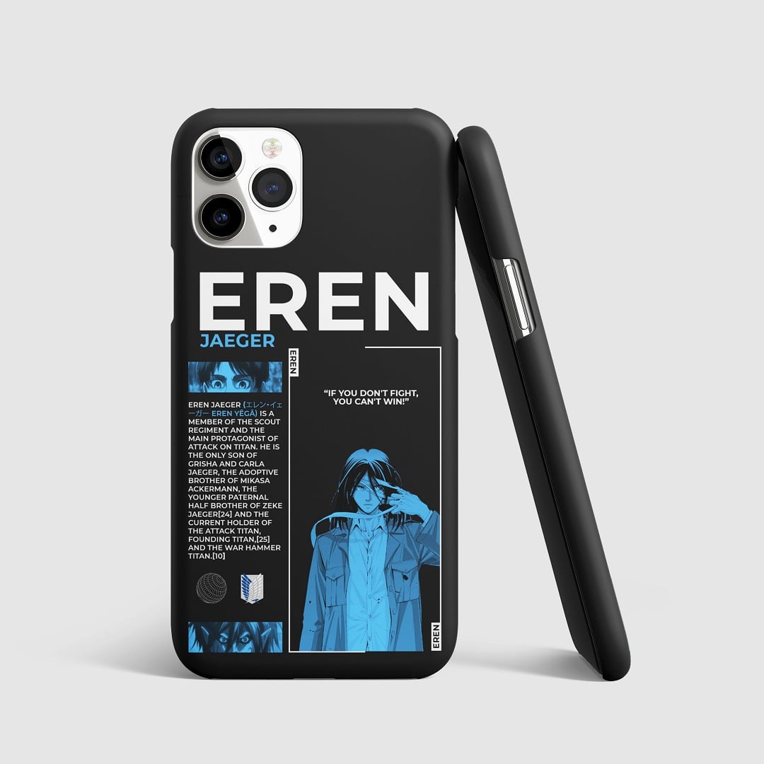 Striking artwork of Eren Yeager from "Attack on Titan" on phone cover.
