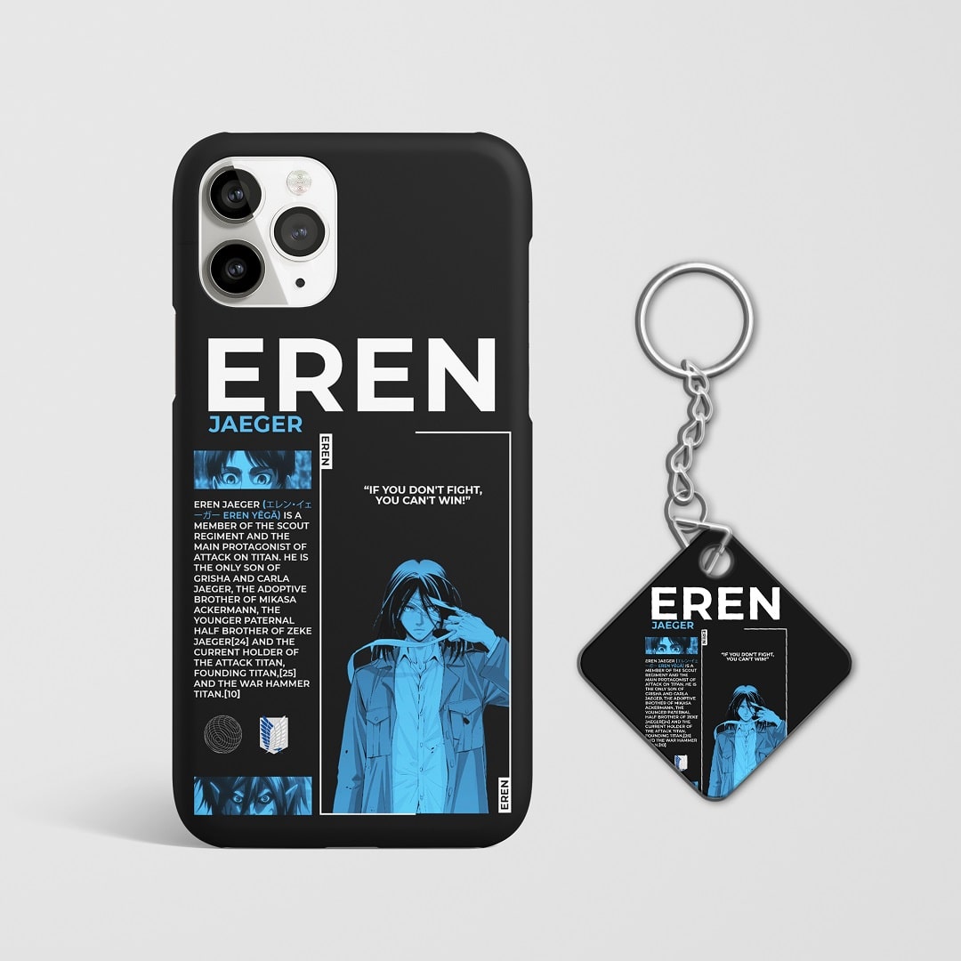 Close-up of Eren’s intense expression on phone case with Keychain.