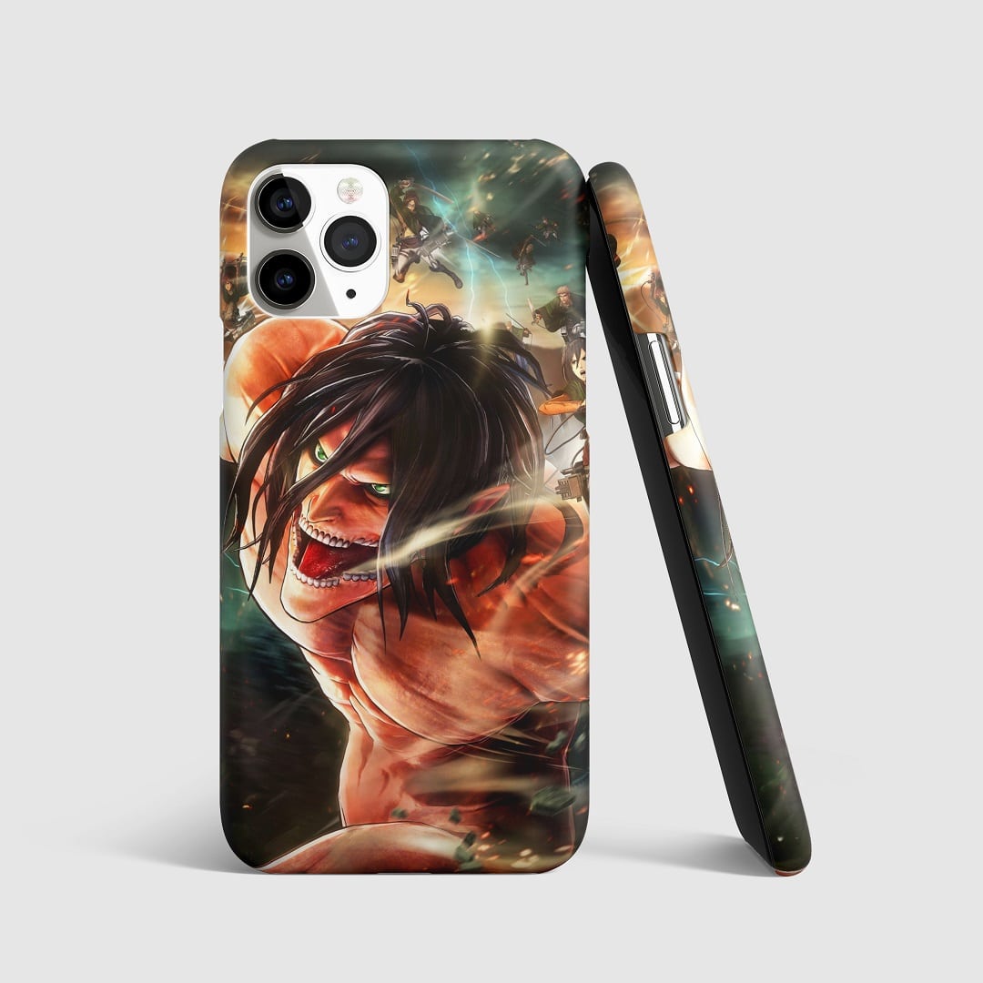 Dynamic artwork of Eren Yeager in Titan form from "Attack on Titan" on phone cover.