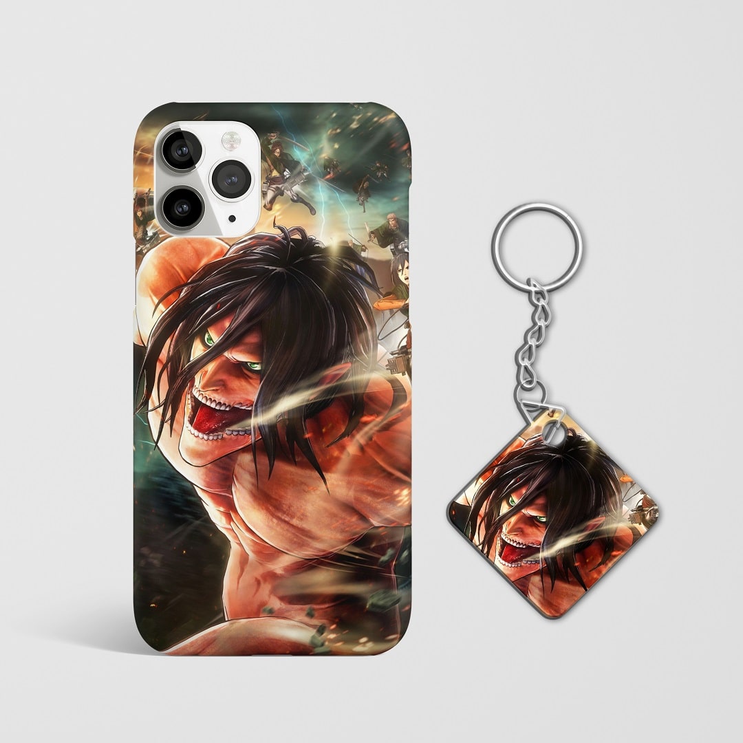 Close-up of Eren’s intense expression in Titan form on phone case with Keychain.