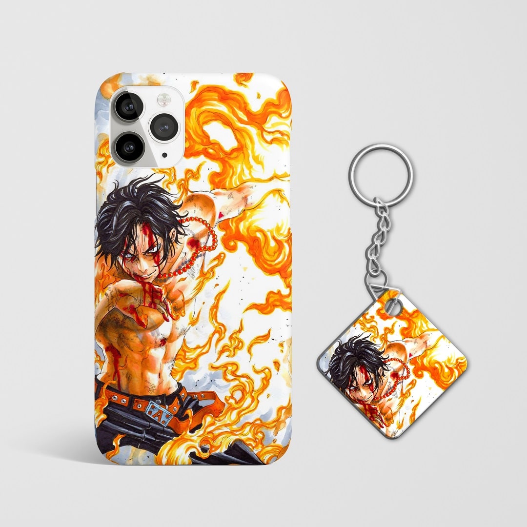 Close-up of Fire Fist Ace Phone Cover, showcasing detailed 3D matte design with Keychain.