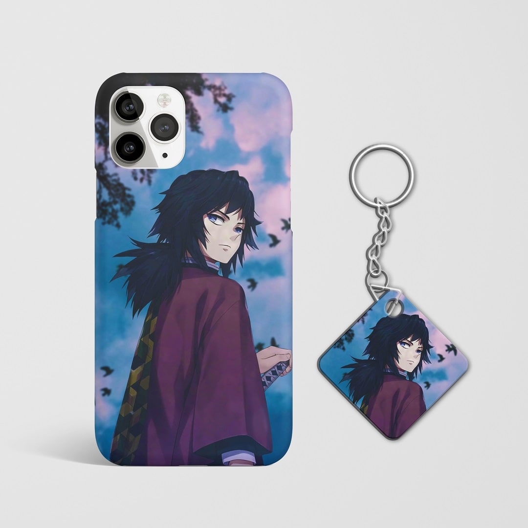 Close-up of Giyu Tomioka’s calm expression with blue sky background on phone case with Keychain.