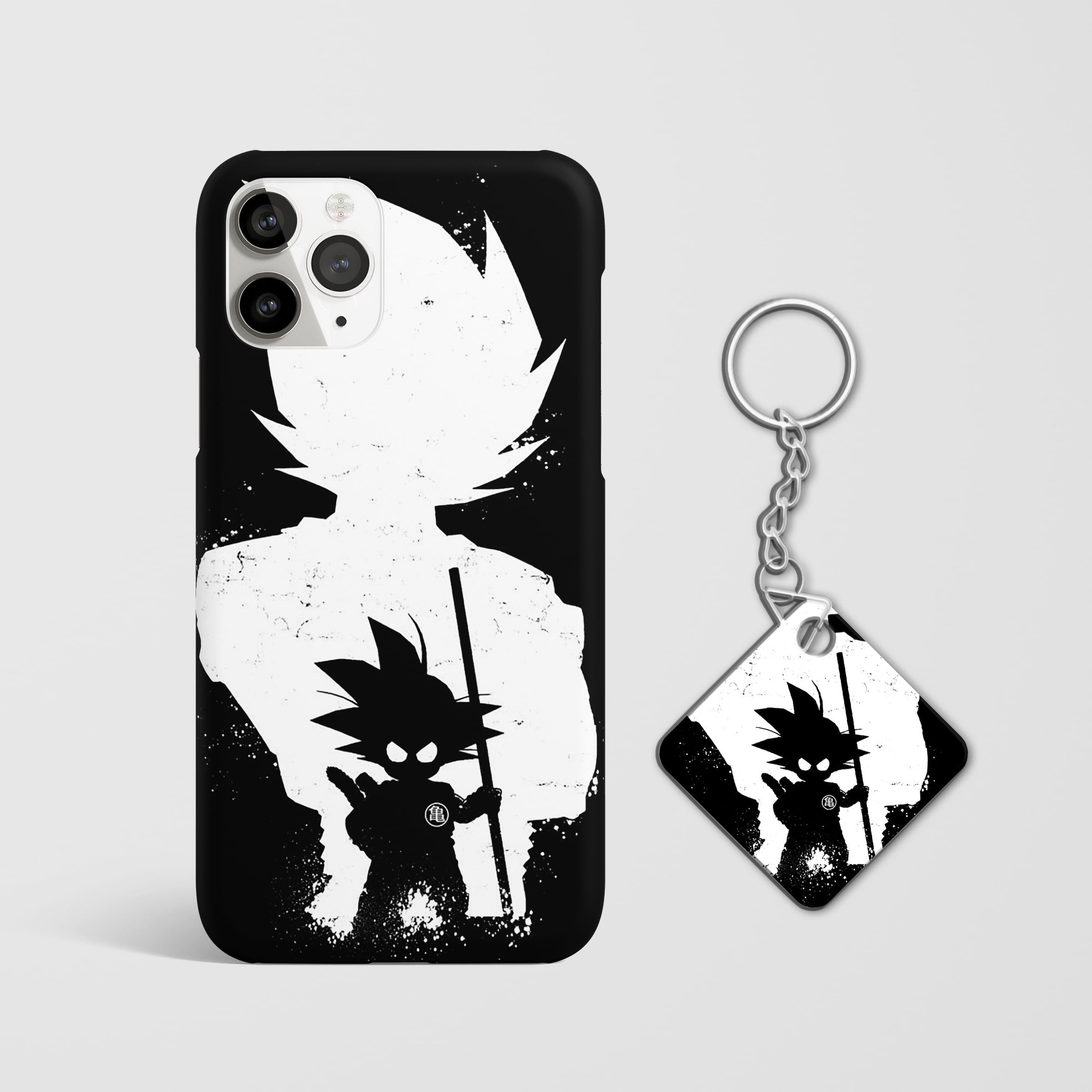 Detailed view of monochrome Gohan design on durable phone case with Keychain.