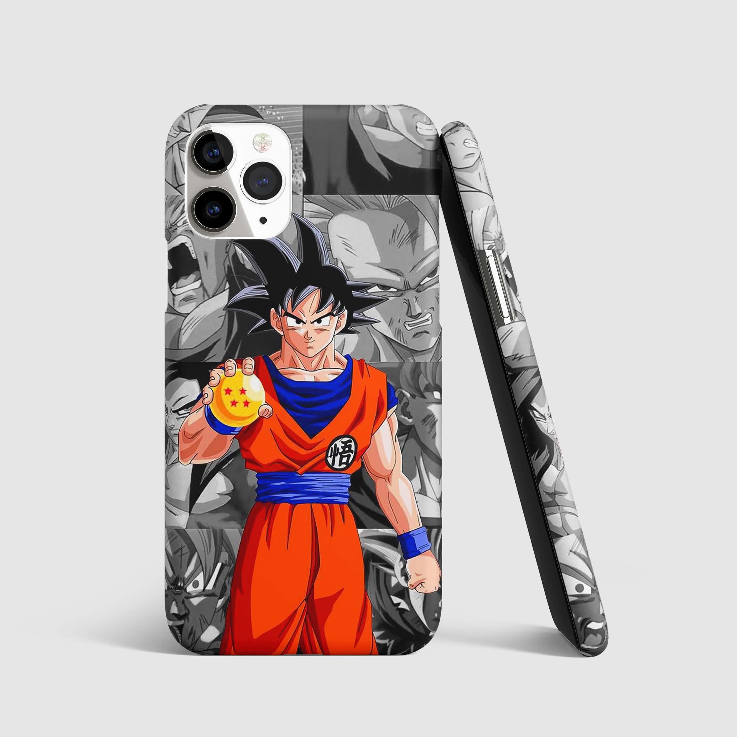 Goku with Dragon Balls depicted on vibrant phone cover.