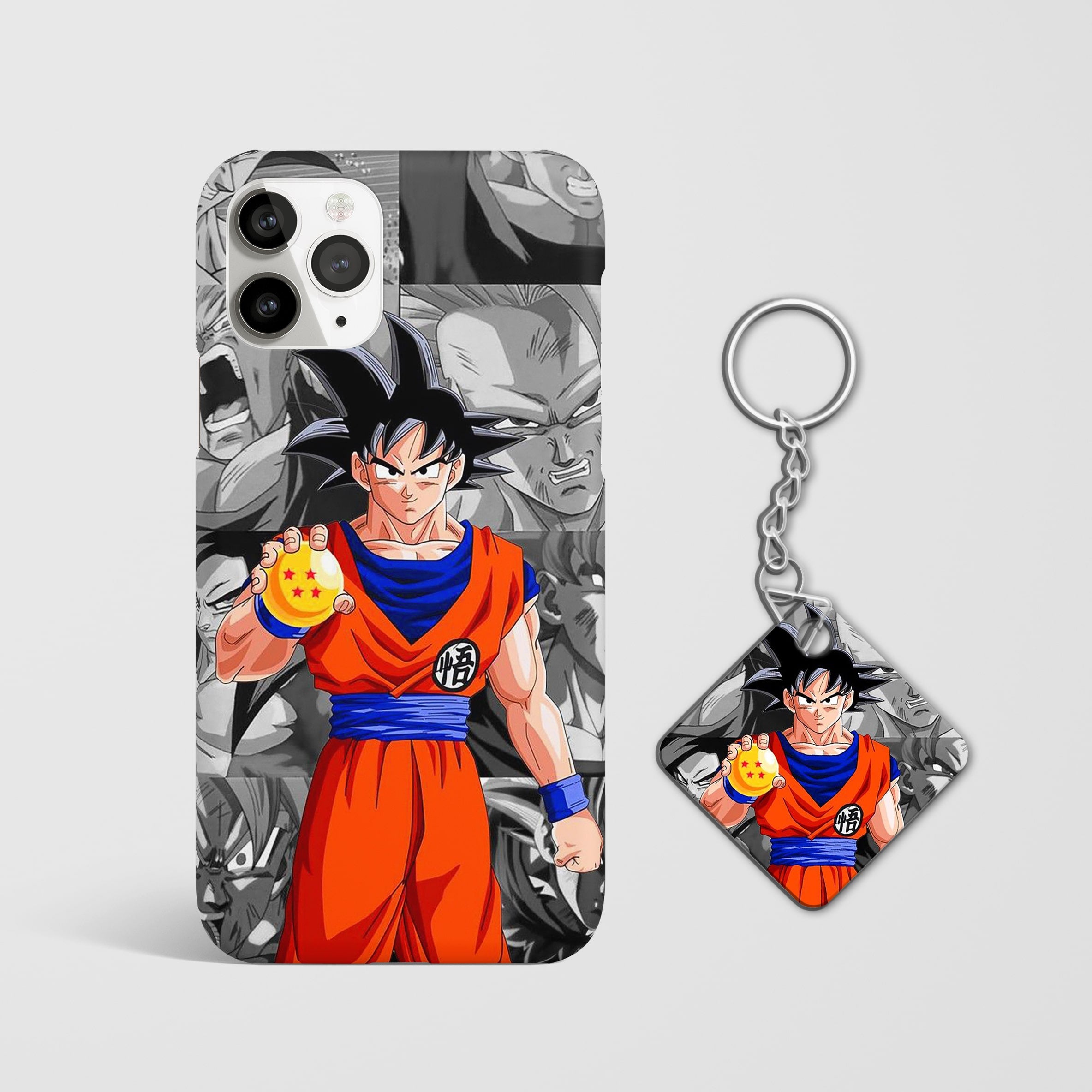 Close-up of Goku's determined expression alongside Dragon Balls on phone case with Keychain.