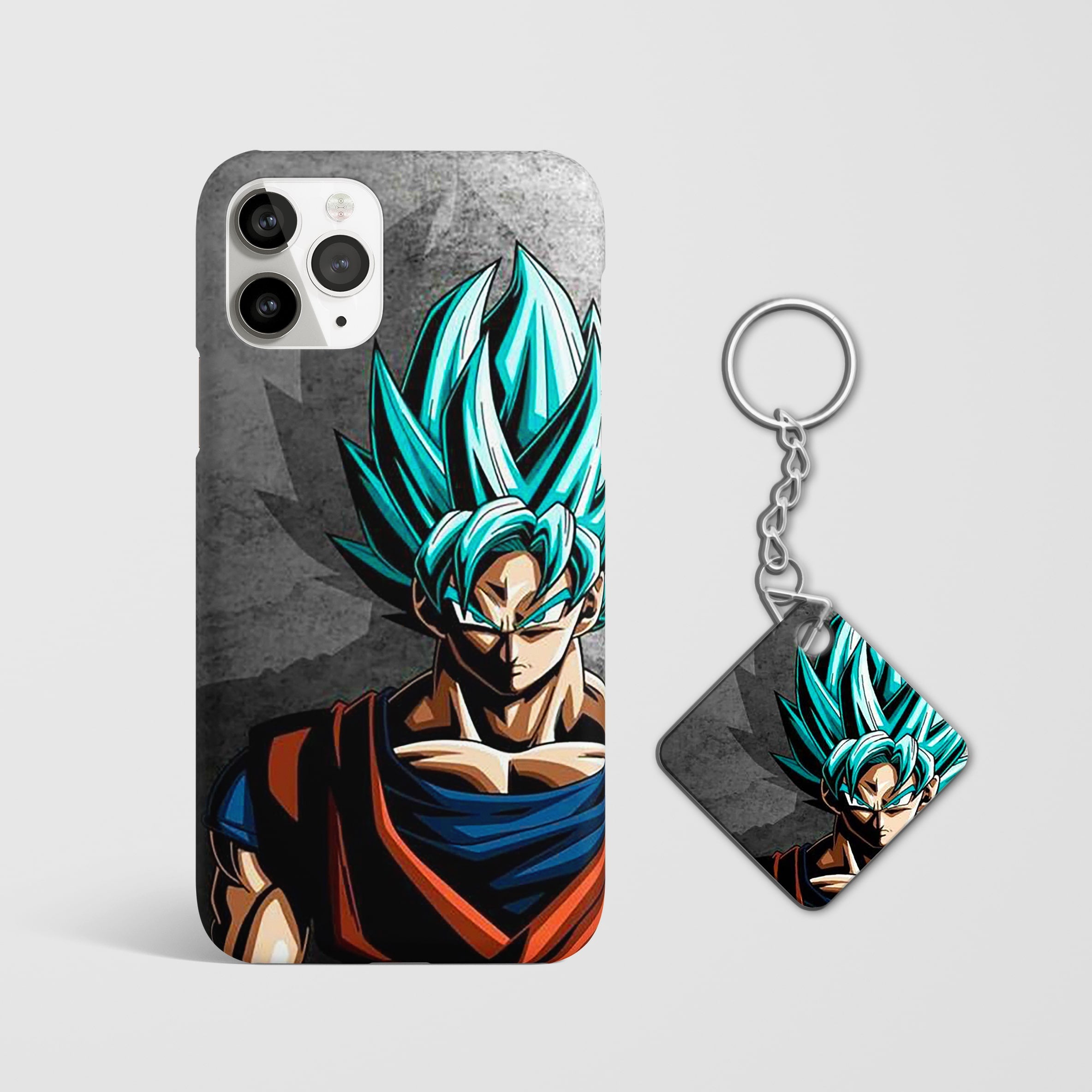 Close-up of Goku's Super Saiyan transformation on phone case with Keychain.