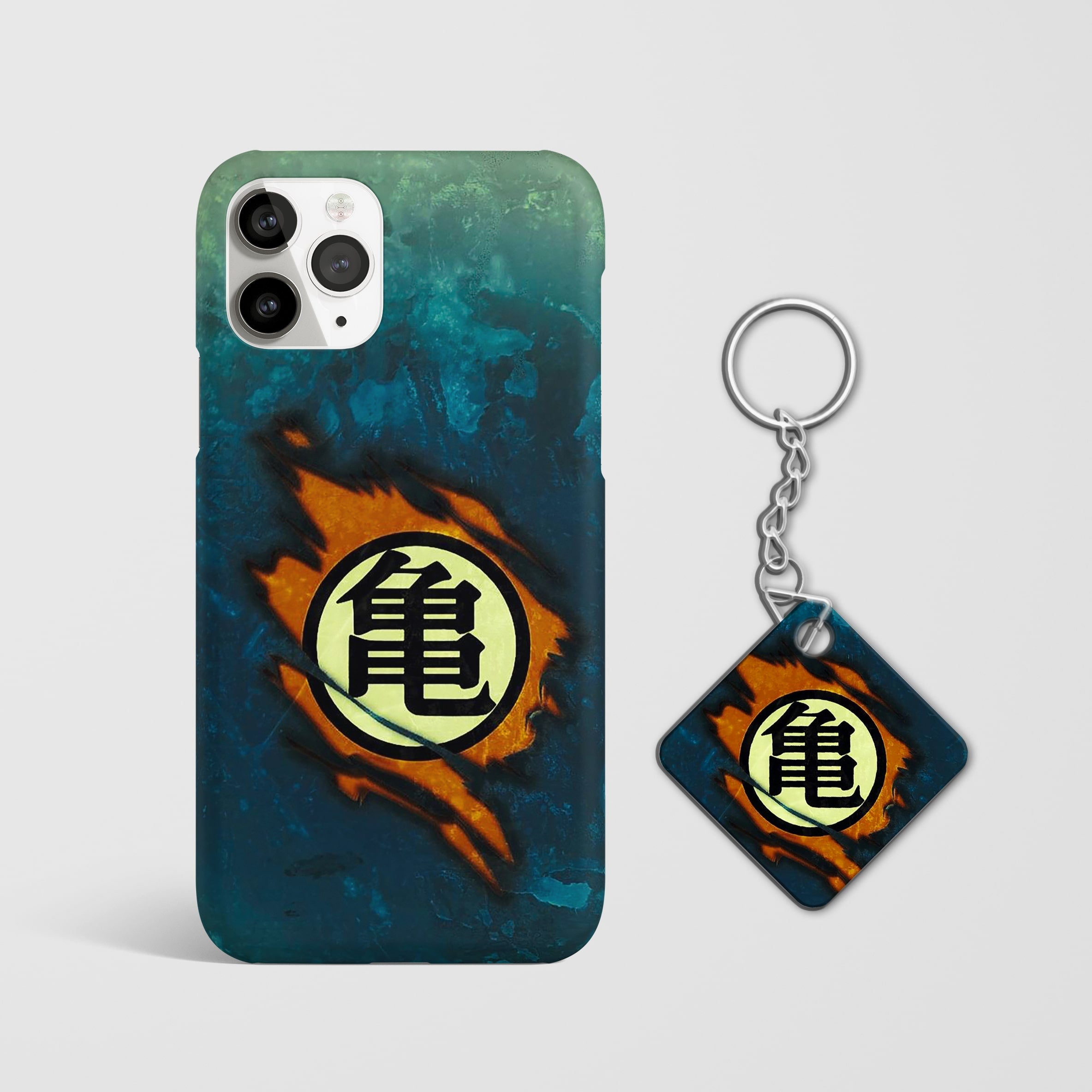 Close-up of the iconic Goku symbol on stylish phone case with Keychain.